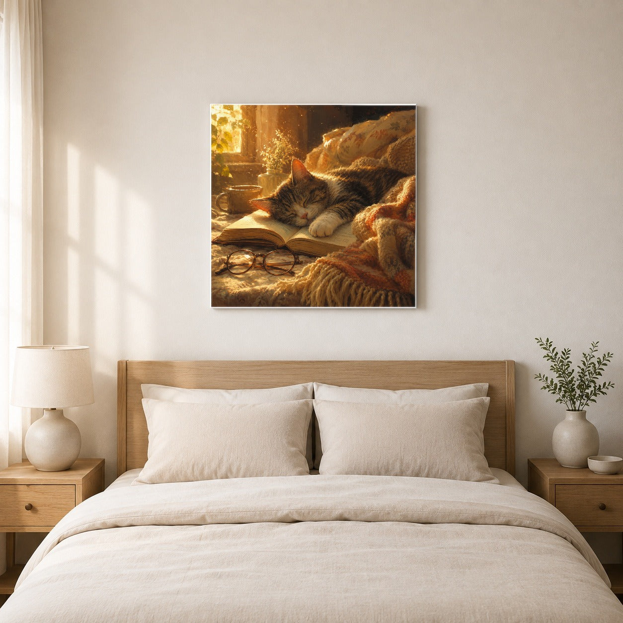 #pl[17x17 Inch|Multicolor] Sleeping Cat Book Square Canvas Wall Art, Cozy Reading Scene