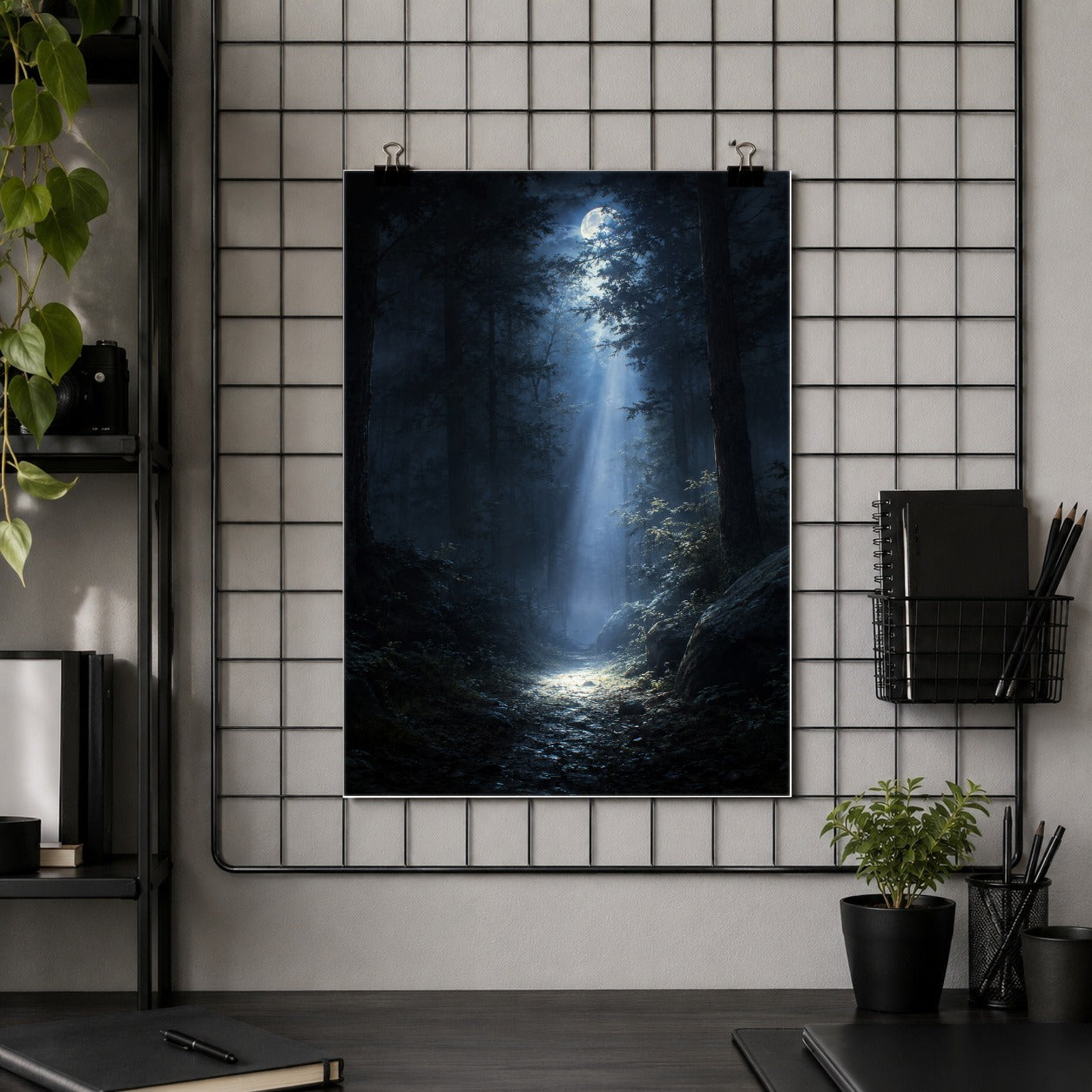 #pl[8x10 Inch|Multicolor] Moonlit Forest Poster, Woodland Night Wall Art Print