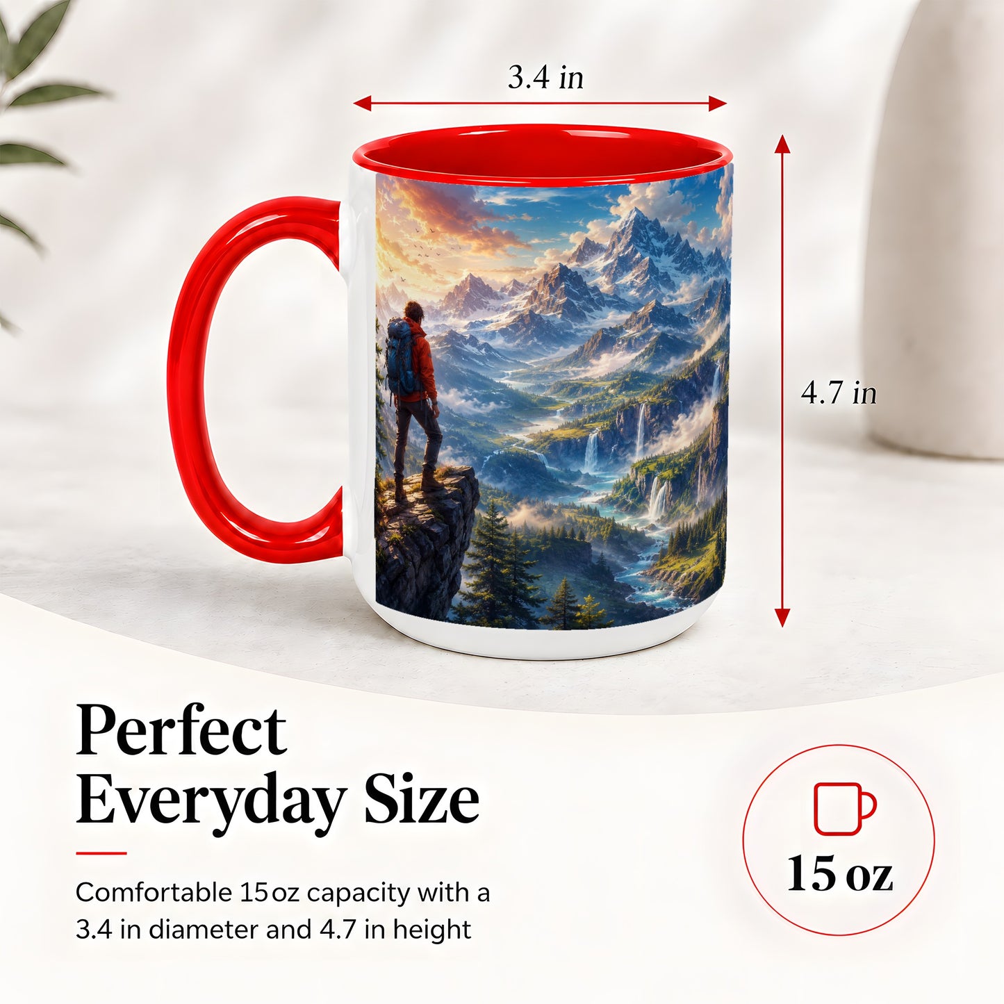 #pl[15oz|Red] Mountain Hiker Ceramic Mug, Alpine Peaks Waterfall Adventure