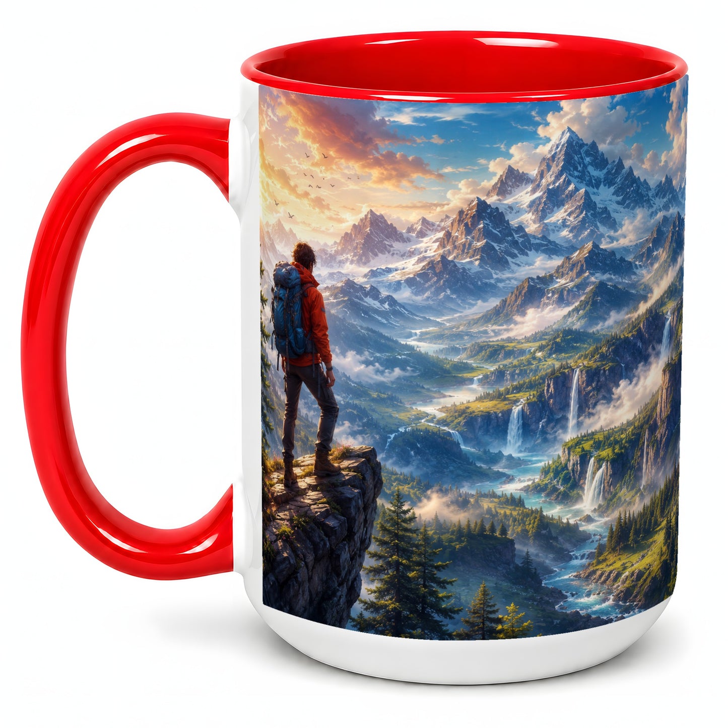 #pl[15oz|Red] Mountain Hiker Ceramic Mug, Alpine Peaks Waterfall Adventure