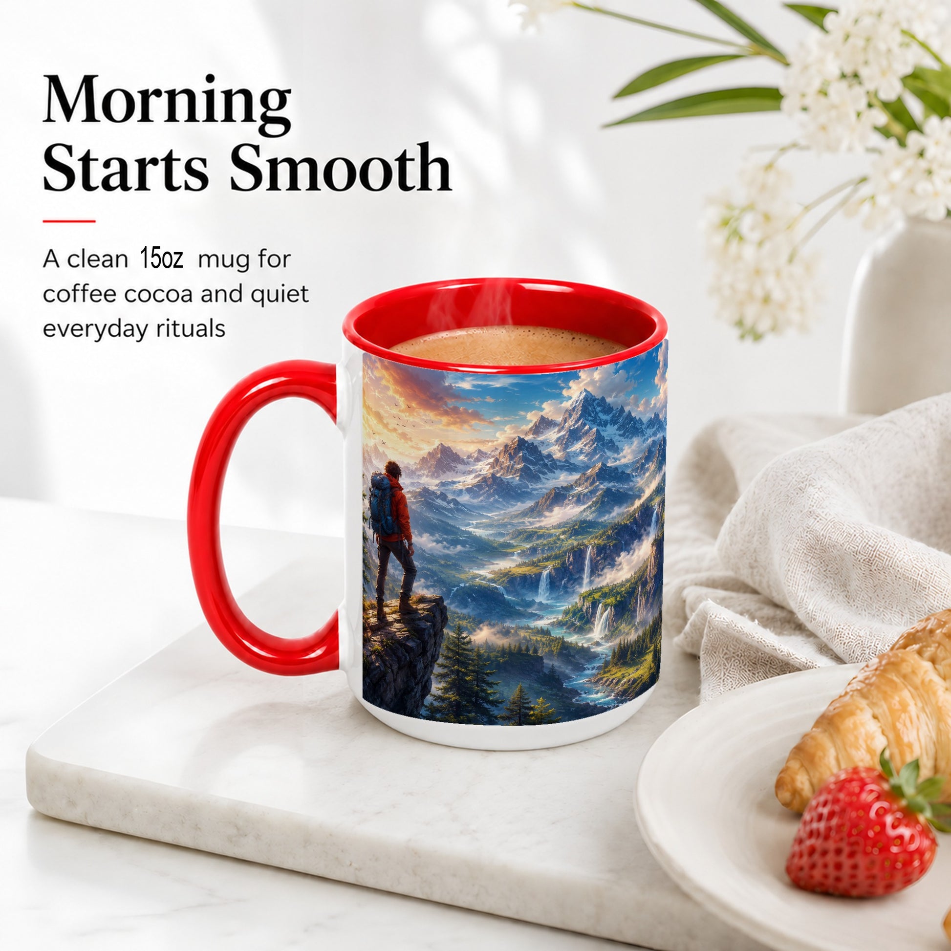 #pl[15oz|Red] Mountain Hiker Ceramic Mug, Alpine Peaks Waterfall Adventure