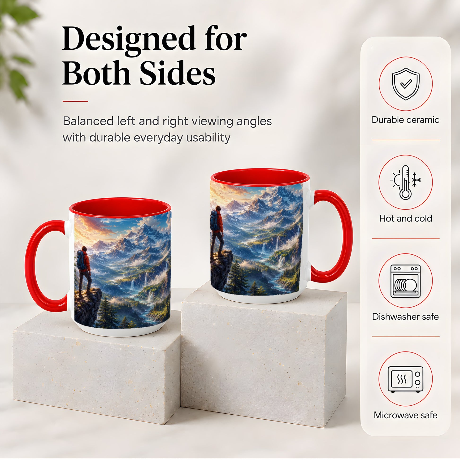 #pl[15oz|Red] Mountain Hiker Ceramic Mug, Alpine Peaks Waterfall Adventure
