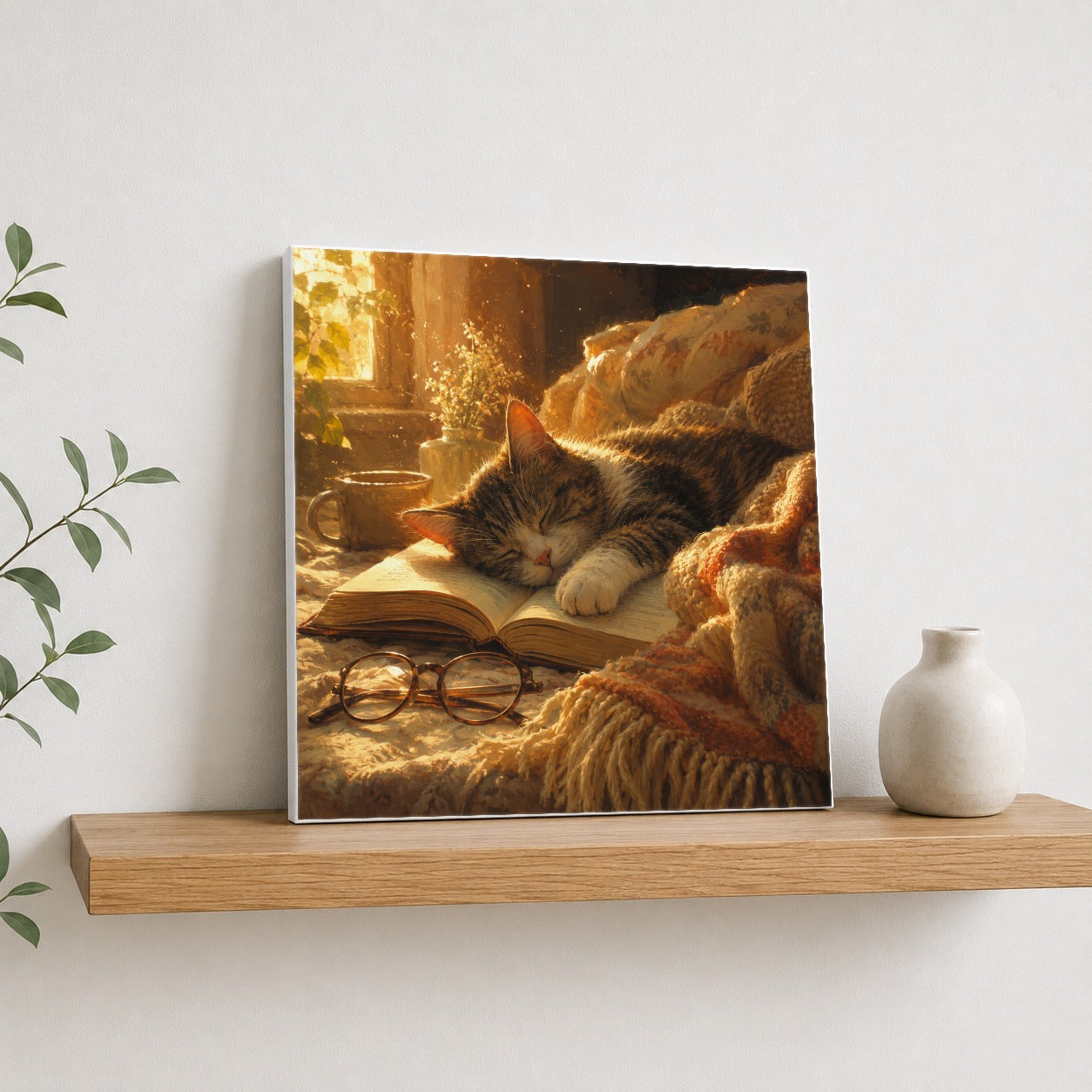 #pl[17x17 Inch|Multicolor] Sleeping Cat Book Square Canvas Wall Art, Cozy Reading Scene