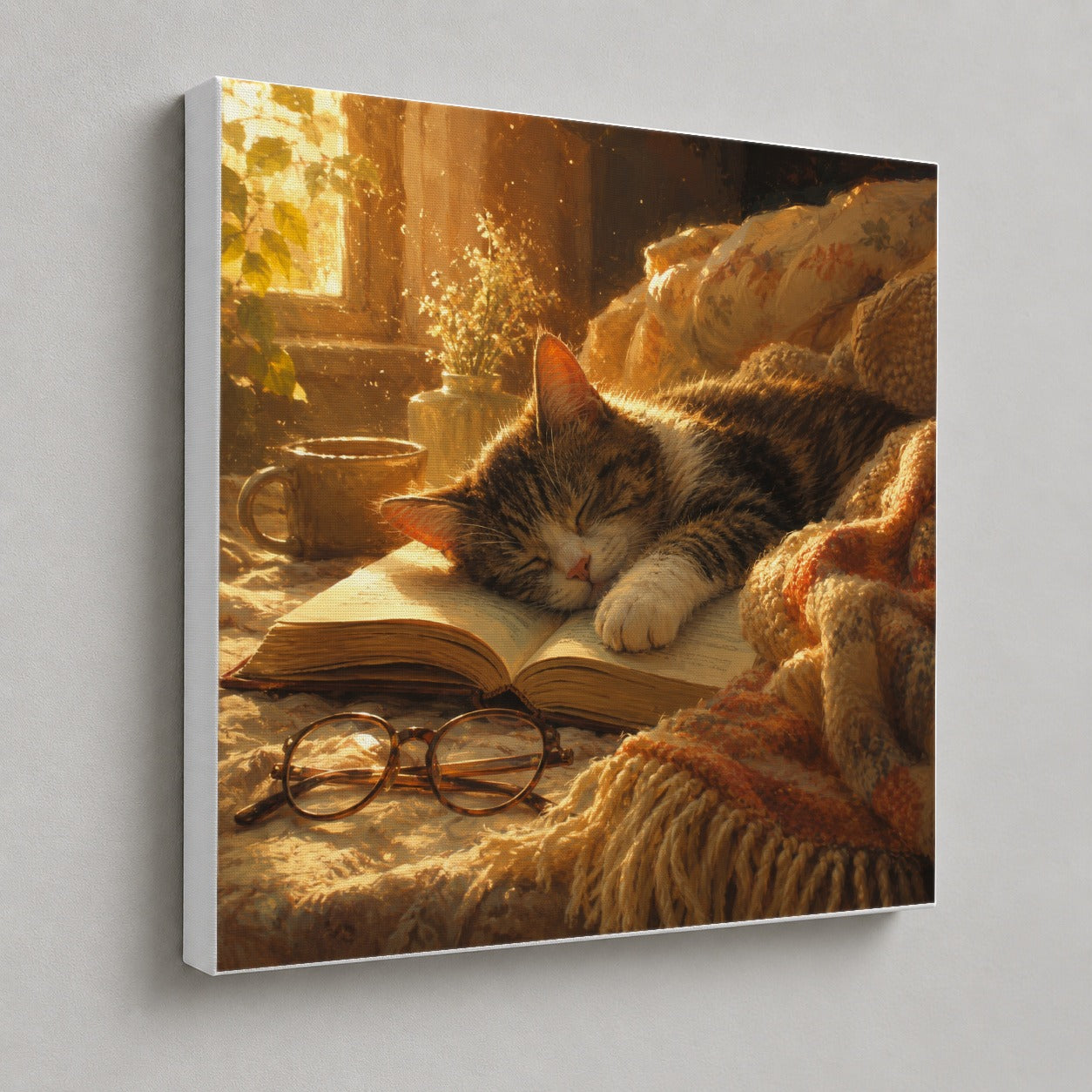 #pl[17x17 Inch|Multicolor] Sleeping Cat Book Square Canvas Wall Art, Cozy Reading Scene
