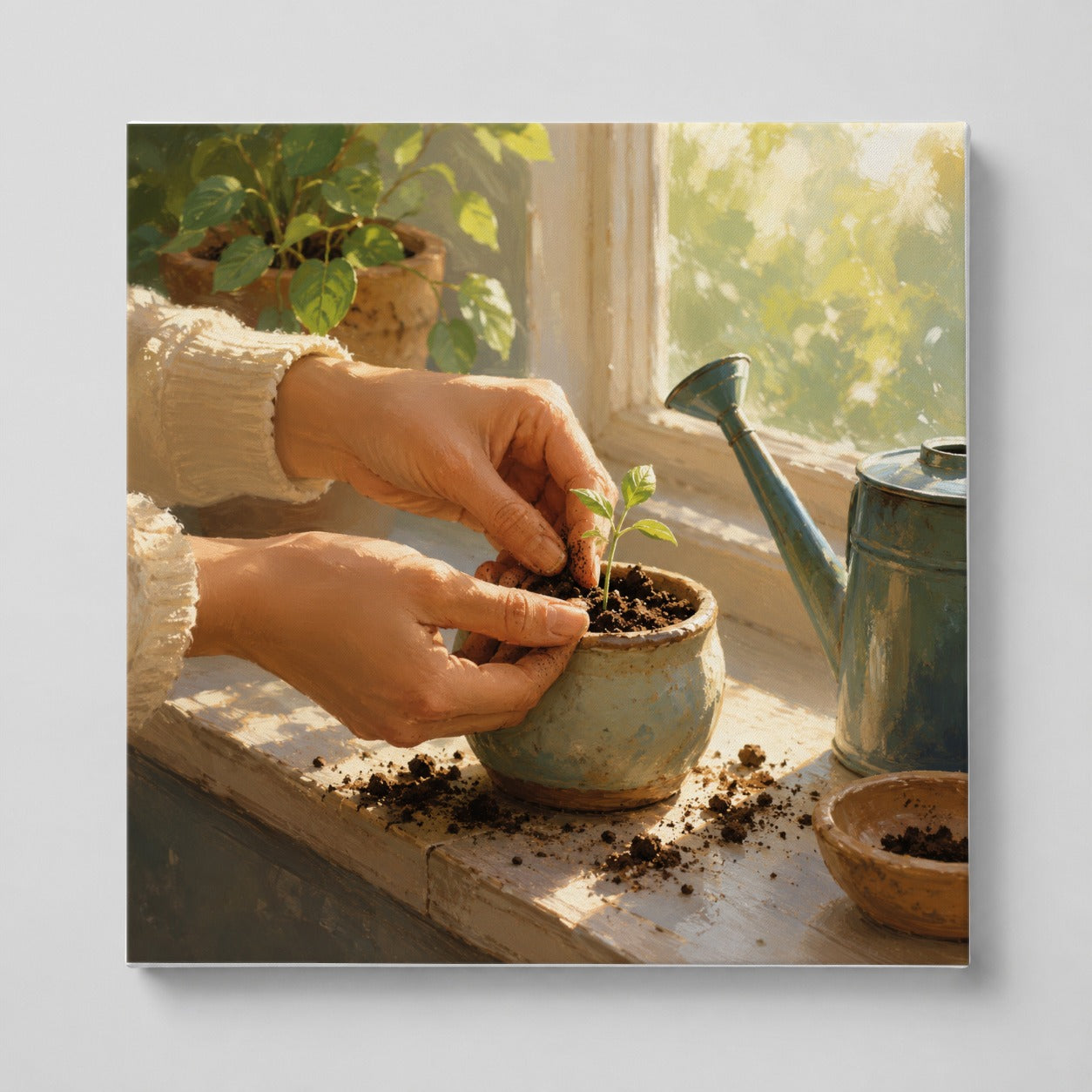 Planting Seedling Square Canvas Wall Art, Sunny Gardening Scene