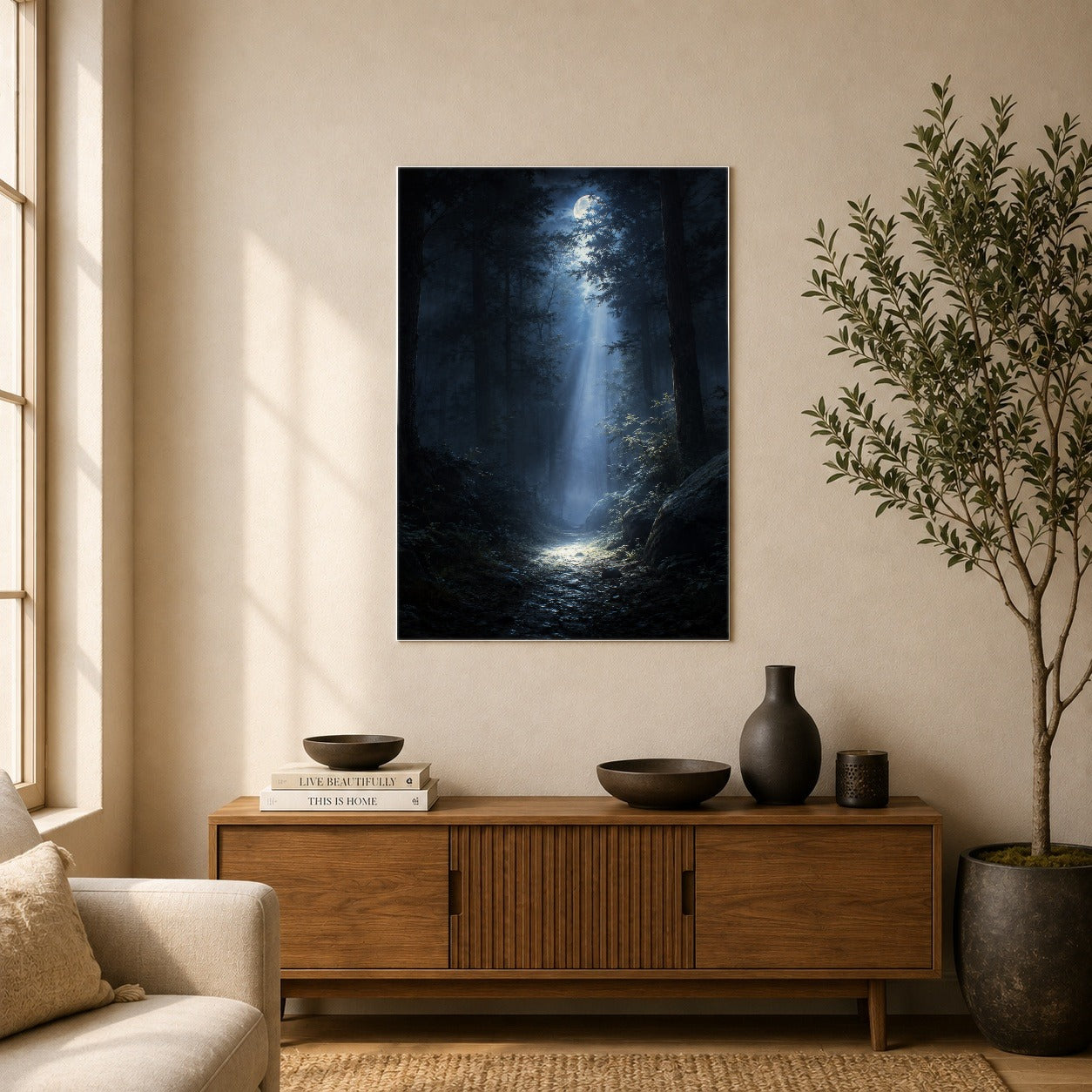 #pl[8x10 Inch|Multicolor] Moonlit Forest Poster, Woodland Night Wall Art Print