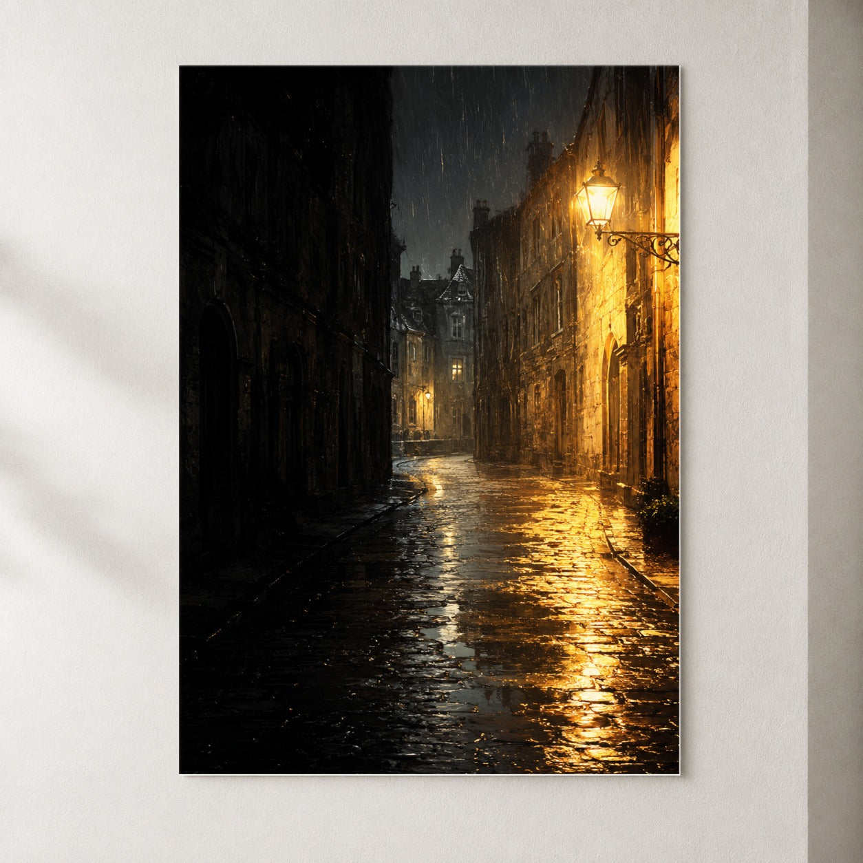 Rainy Street Poster, Vintage Lamp Night Wall Art Print