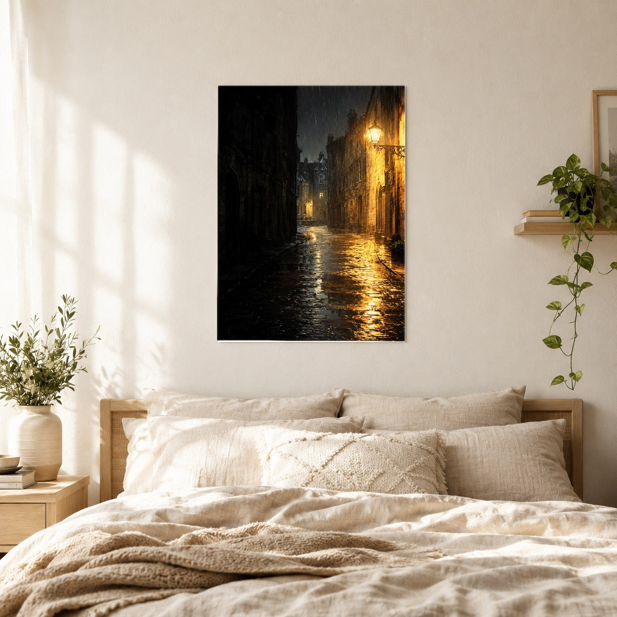 #pl[8x10 Inch|Multicolor] Rainy Street Poster, Vintage Lamp Night Wall Art Print