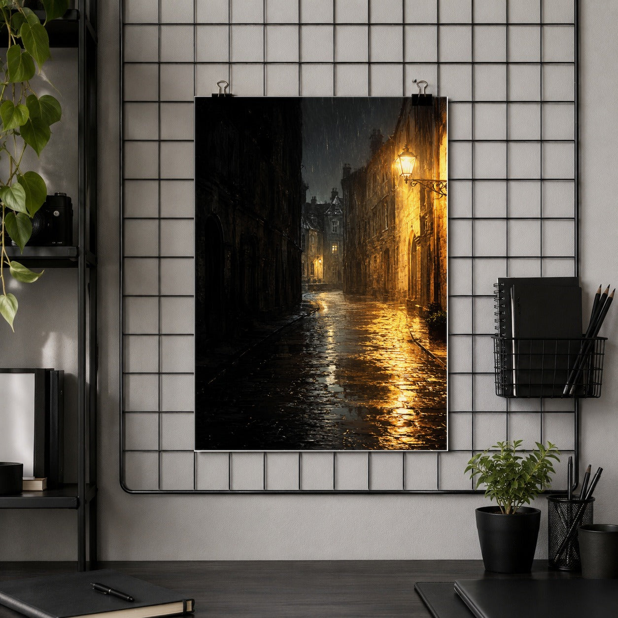 #pl[8x10 Inch|Multicolor] Rainy Street Poster, Vintage Lamp Night Wall Art Print