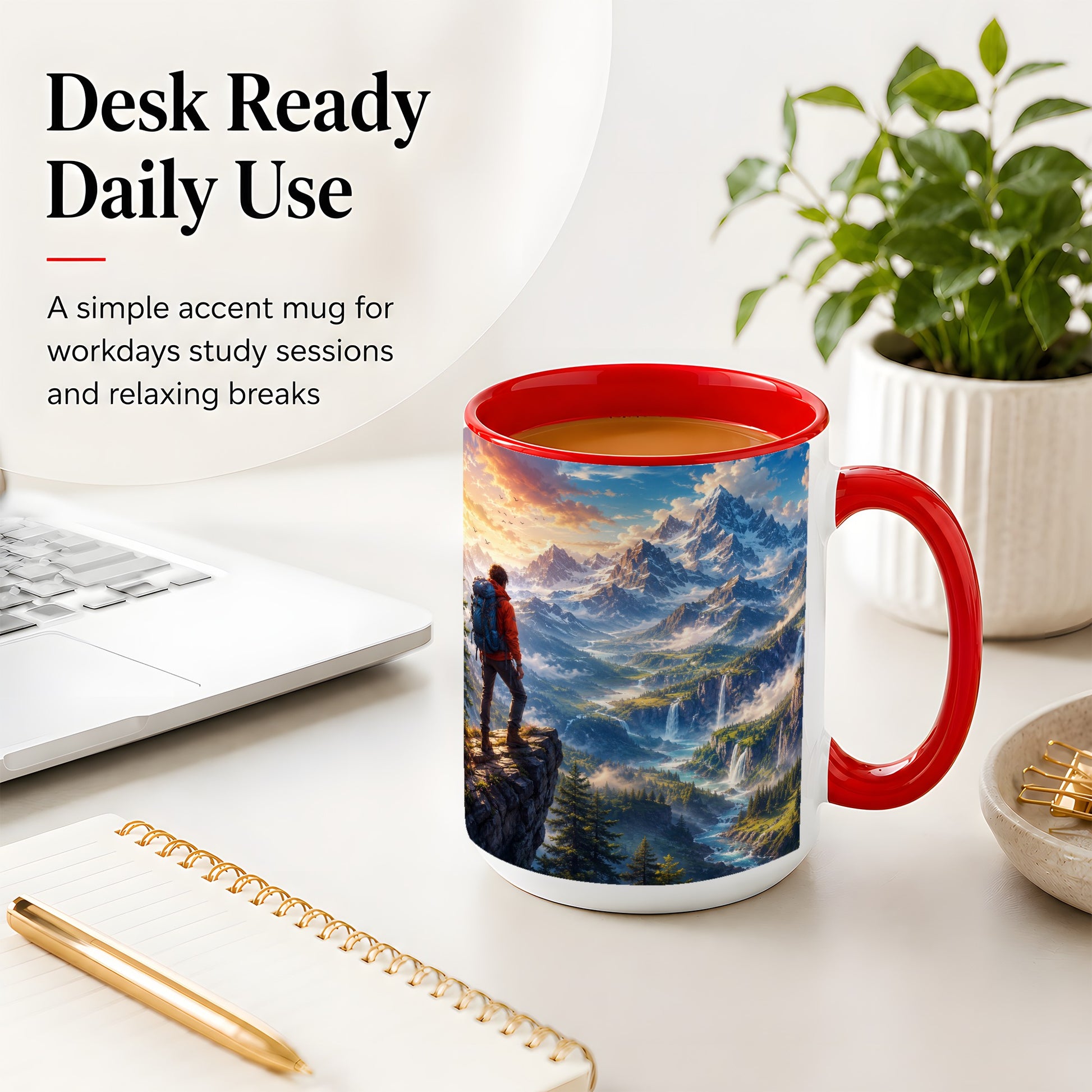 #pl[15oz|Red] Mountain Hiker Ceramic Mug, Alpine Peaks Waterfall Adventure
