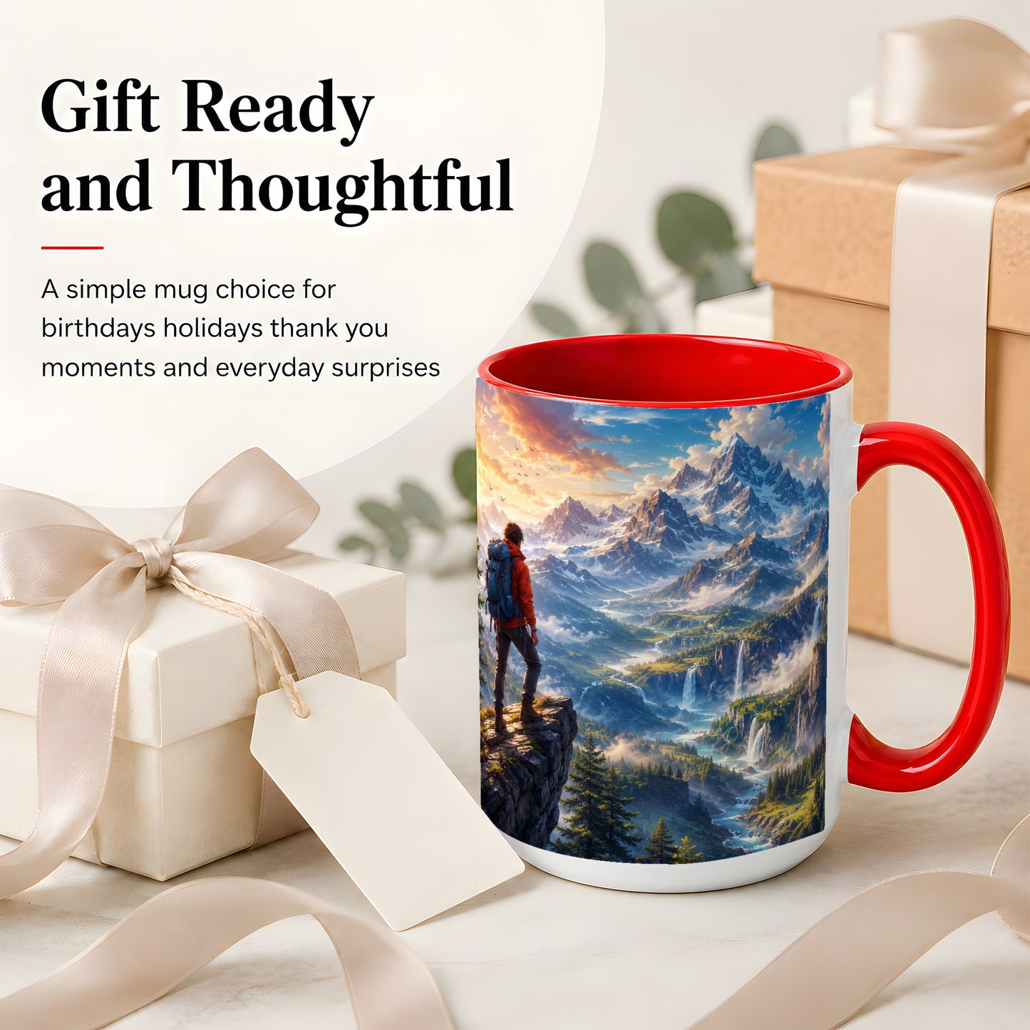 #pl[15oz|Red] Mountain Hiker Ceramic Mug, Alpine Peaks Waterfall Adventure