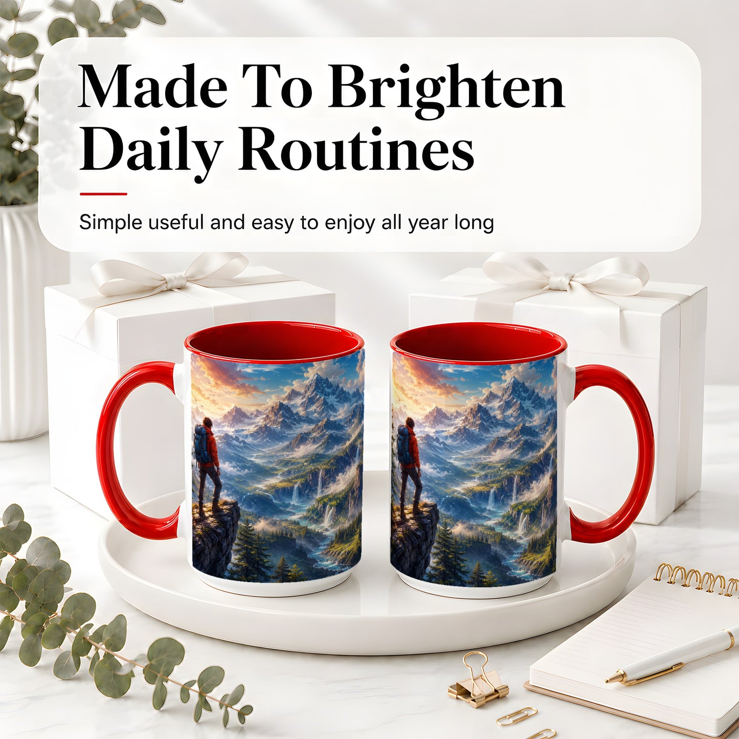 #pl[15oz|Red] Mountain Hiker Ceramic Mug, Alpine Peaks Waterfall Adventure