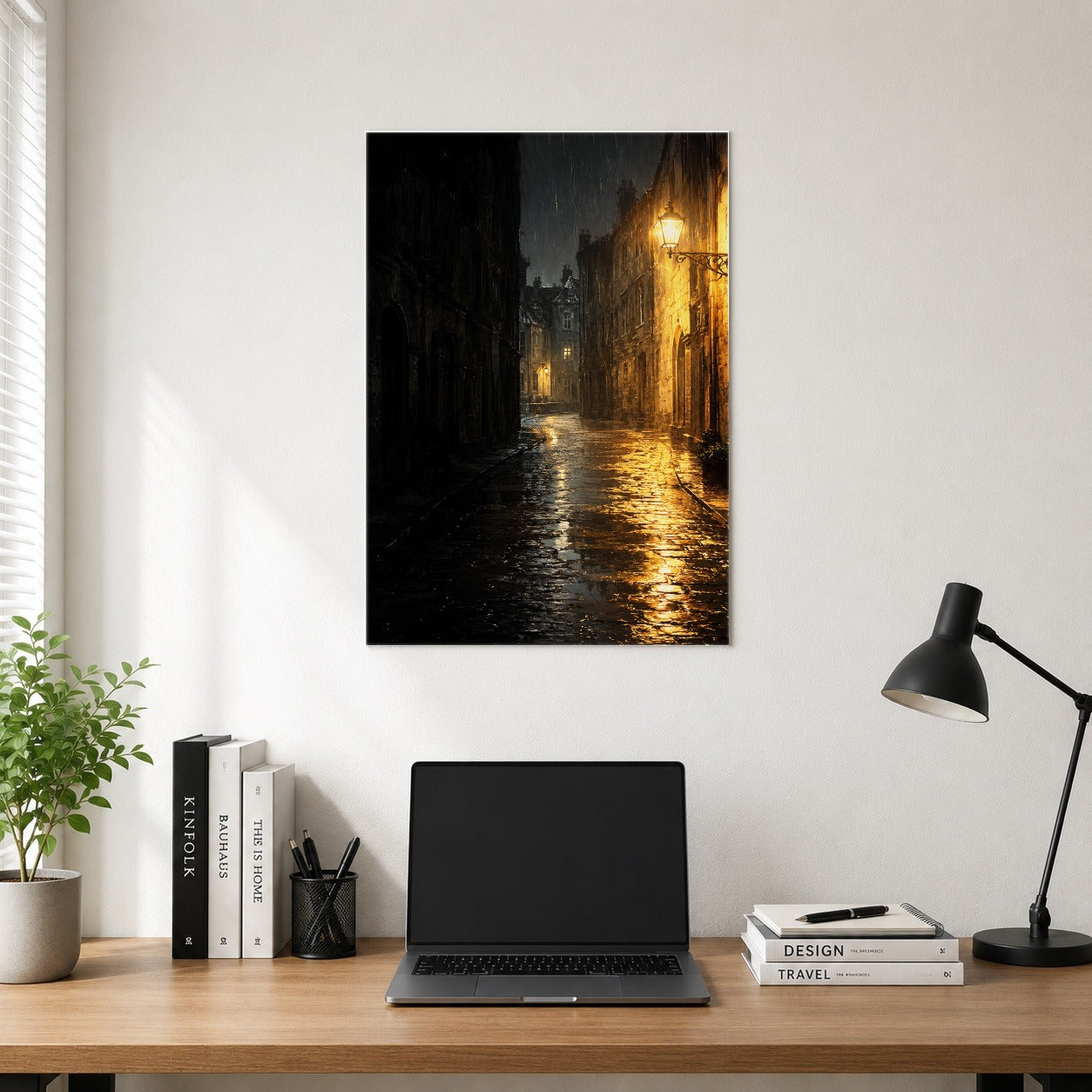 #pl[8x10 Inch|Multicolor] Rainy Street Poster, Vintage Lamp Night Wall Art Print