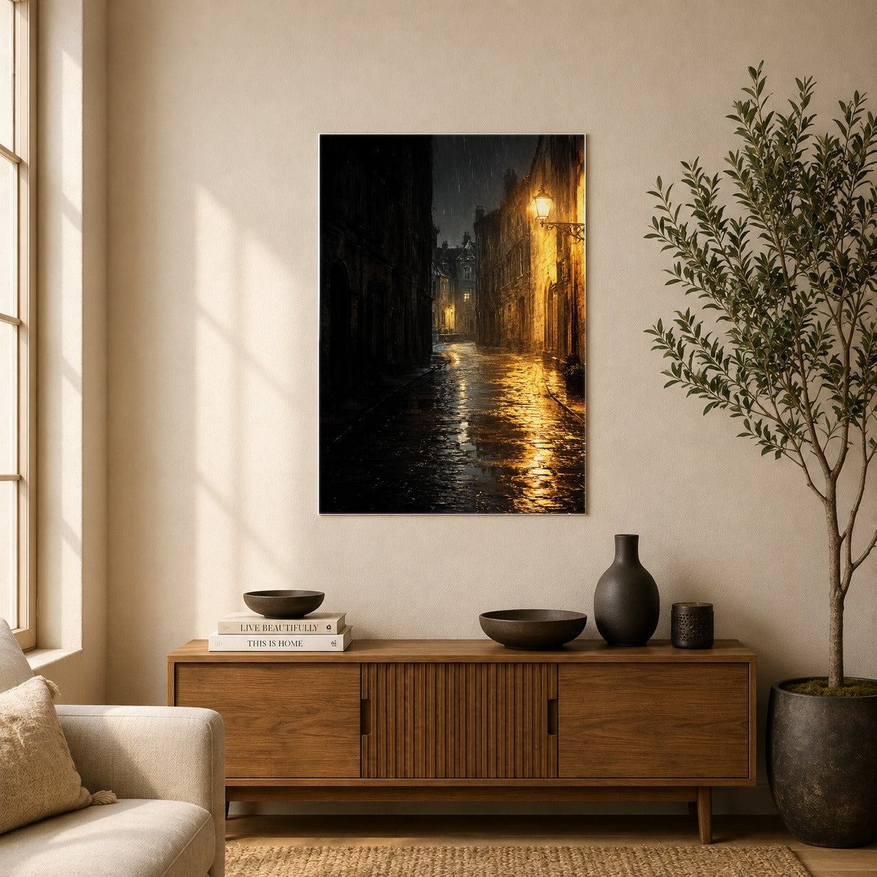 #pl[8x10 Inch|Multicolor] Rainy Street Poster, Vintage Lamp Night Wall Art Print