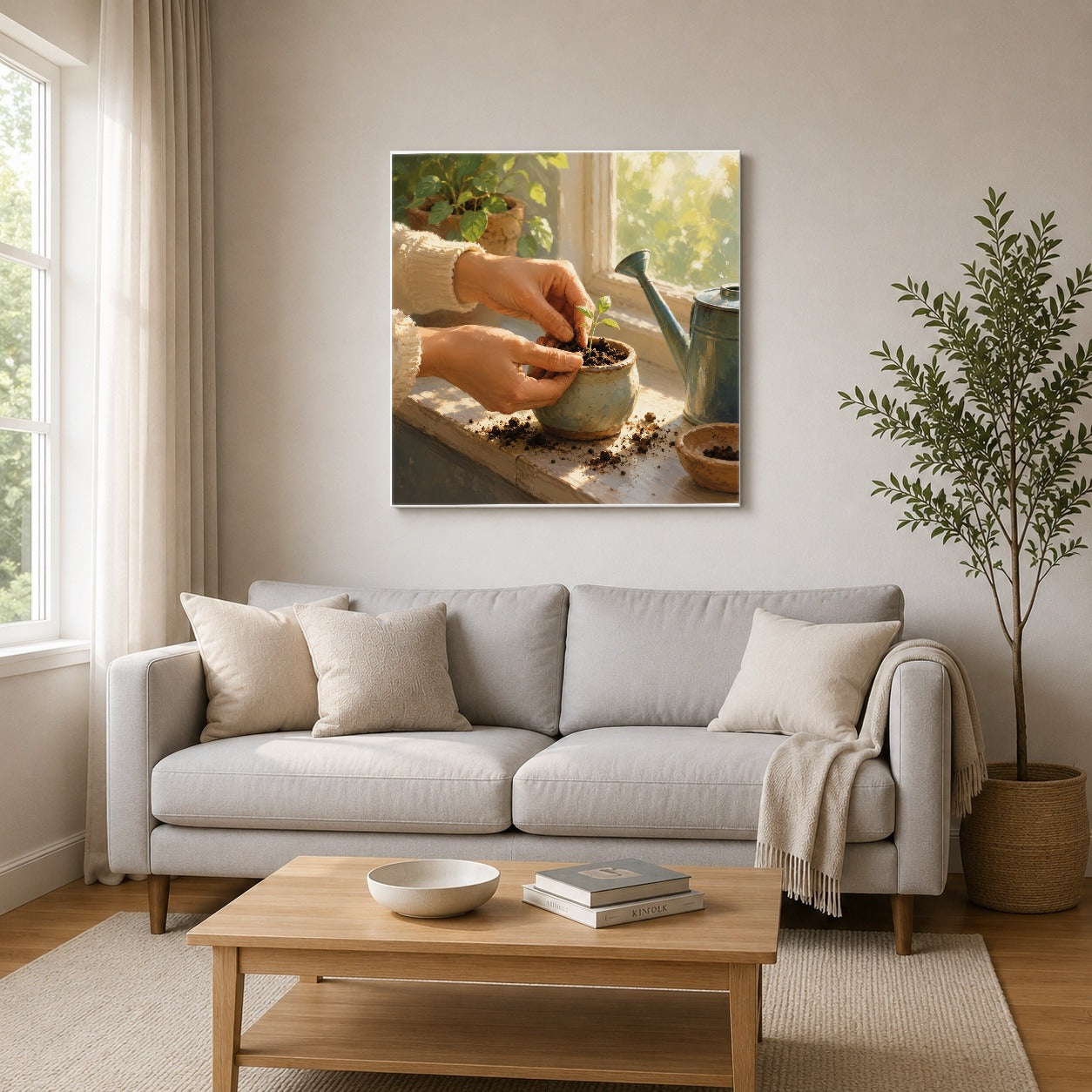 #pl[17x17 Inch|Multicolor] Planting Seedling Square Canvas Wall Art, Sunny Gardening Scene