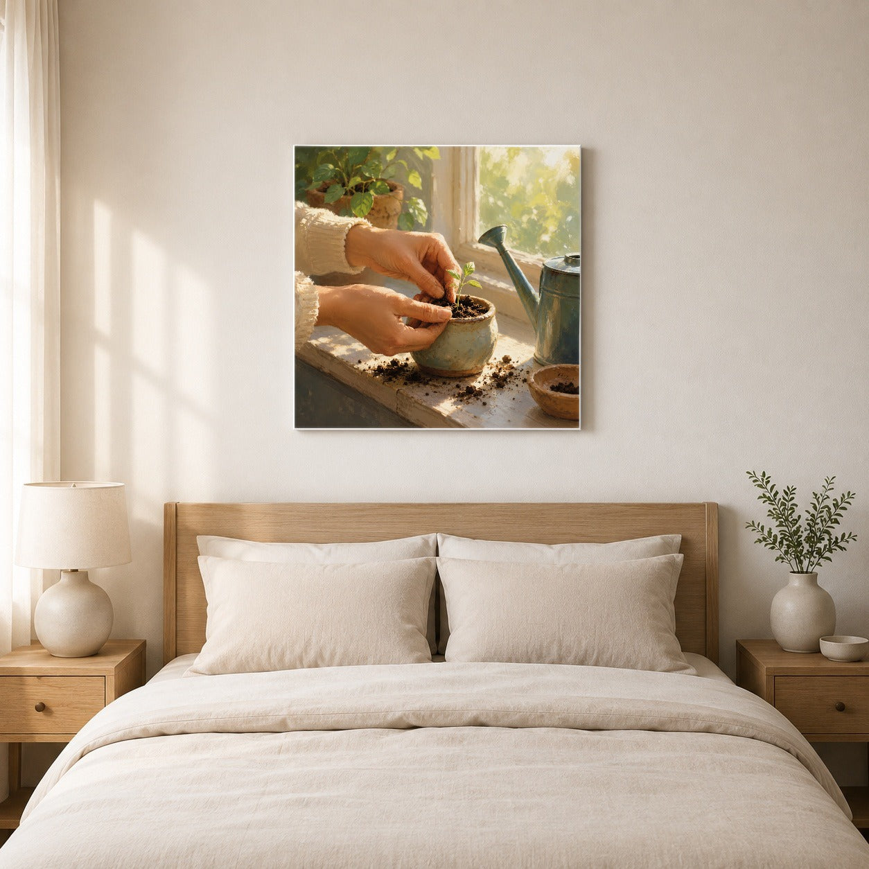 #pl[17x17 Inch|Multicolor] Planting Seedling Square Canvas Wall Art, Sunny Gardening Scene