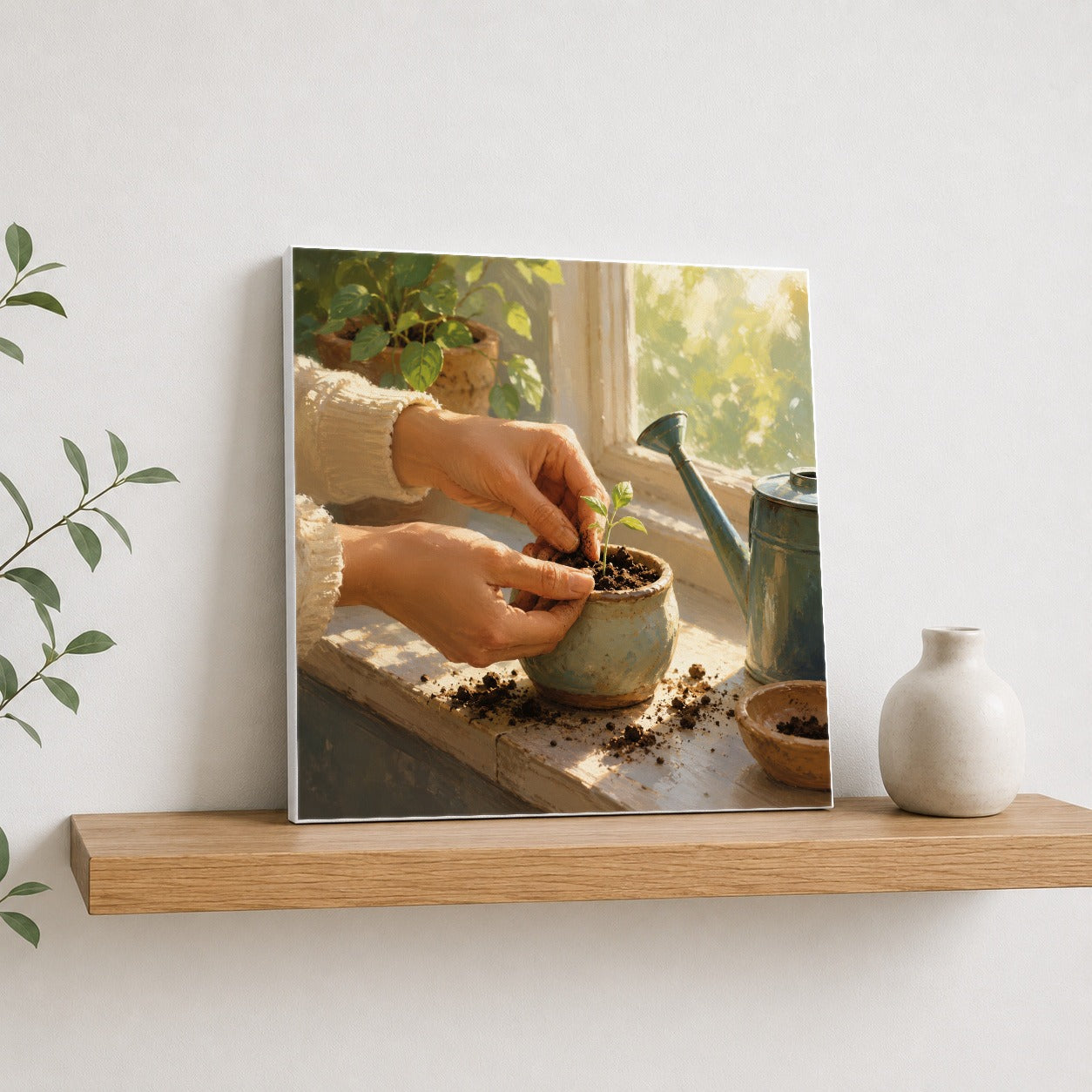 #pl[17x17 Inch|Multicolor] Planting Seedling Square Canvas Wall Art, Sunny Gardening Scene