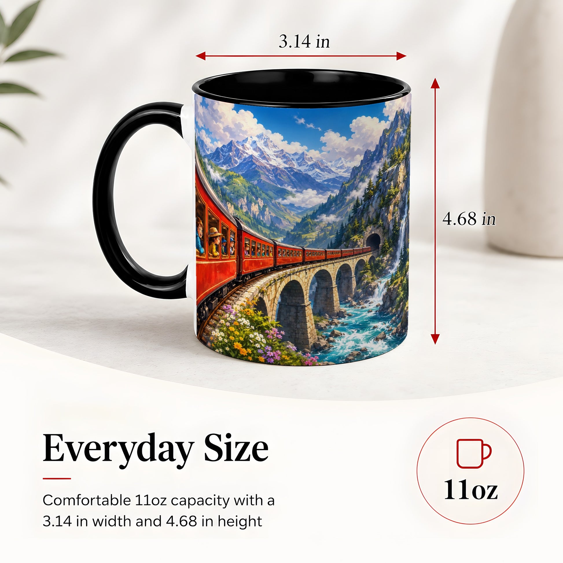 #pl[11oz|Black] Mountain Train Ceramic Mug, Red Alpine Railway Bridge Scene
