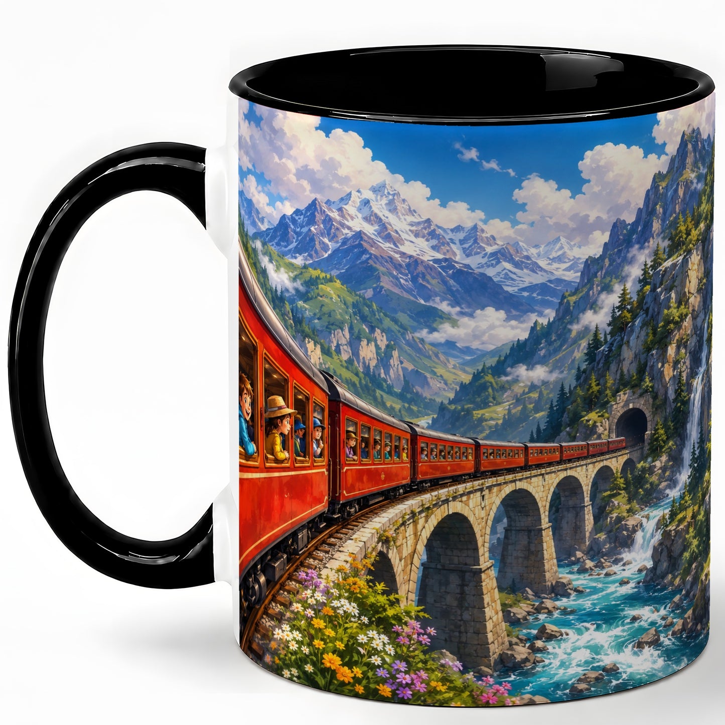 #pl[11oz|Black] Mountain Train Ceramic Mug, Red Alpine Railway Bridge Scene