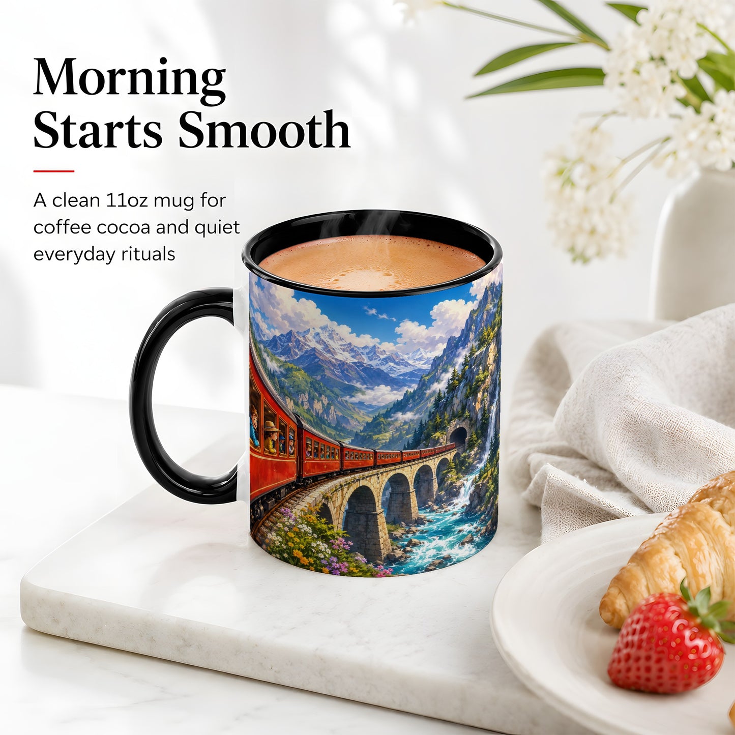 #pl[11oz|Black] Mountain Train Ceramic Mug, Red Alpine Railway Bridge Scene