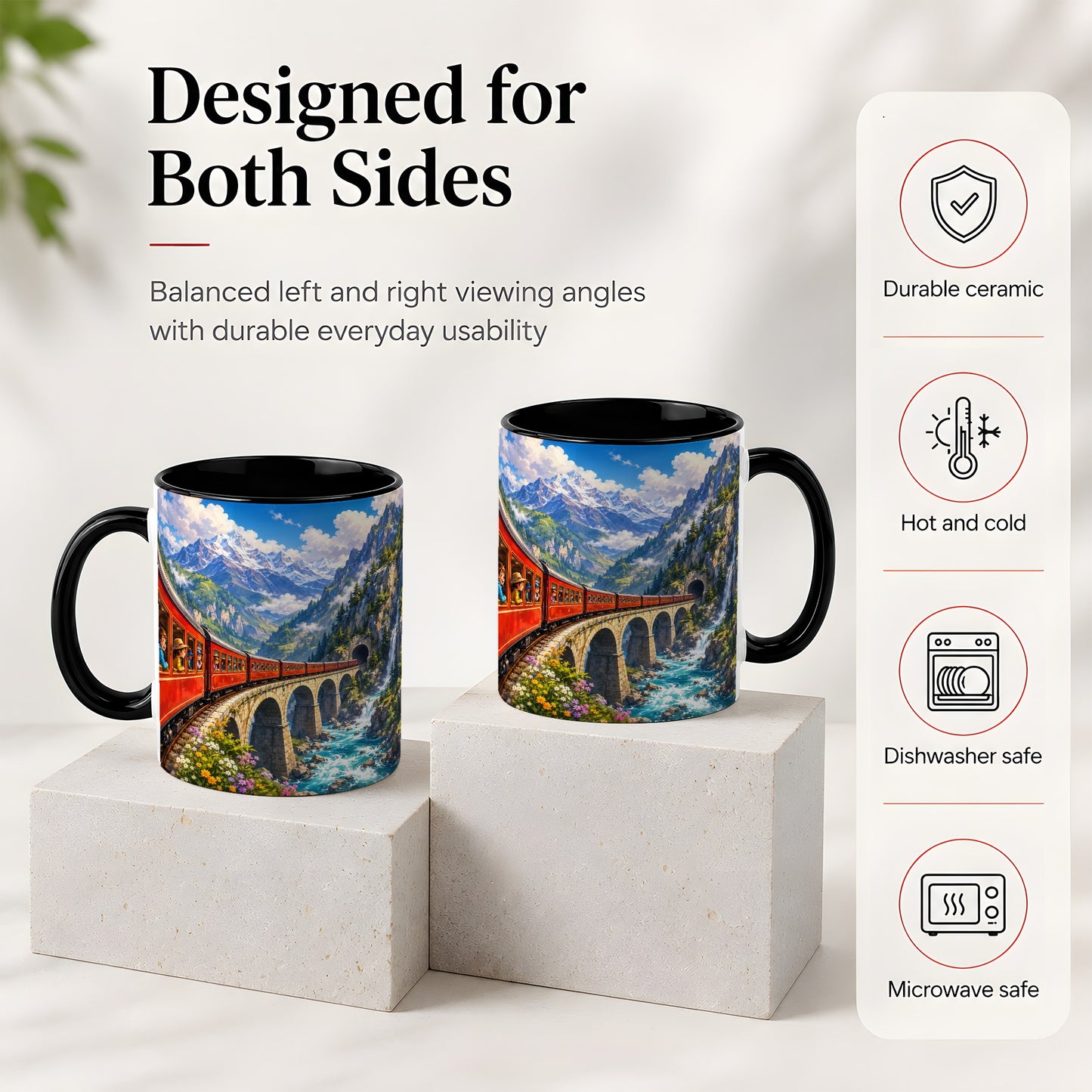 #pl[11oz|Black] Mountain Train Ceramic Mug, Red Alpine Railway Bridge Scene