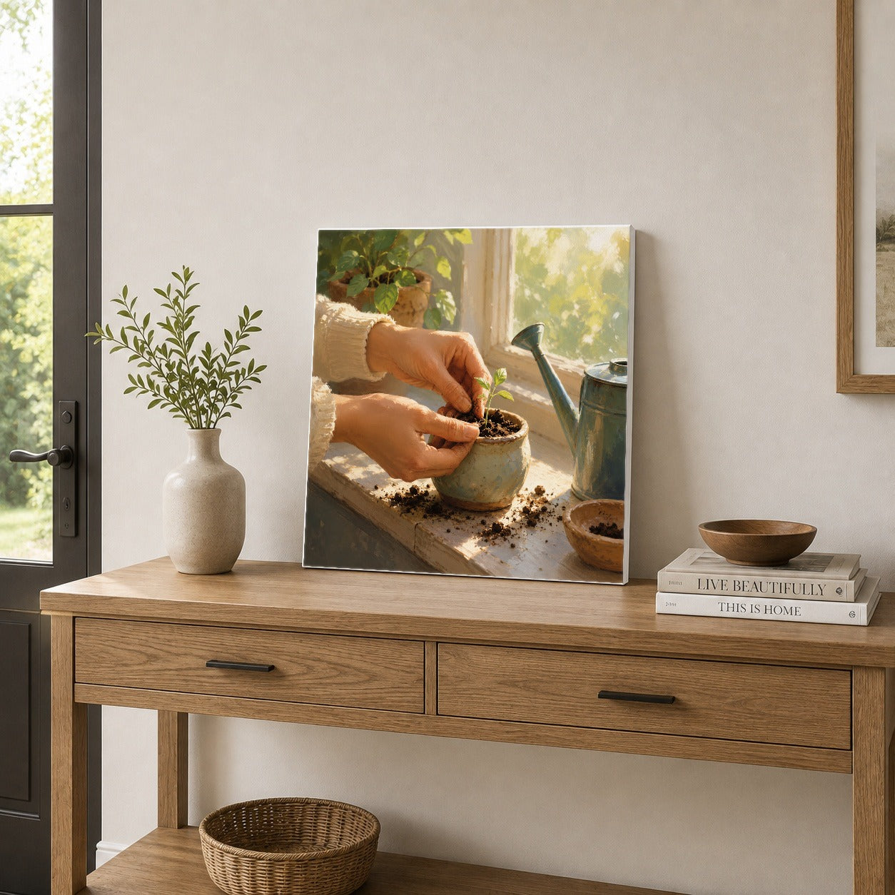 #pl[17x17 Inch|Multicolor] Planting Seedling Square Canvas Wall Art, Sunny Gardening Scene