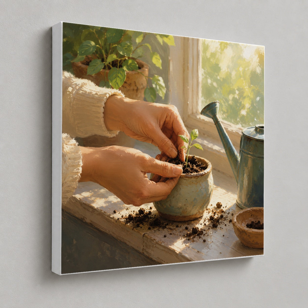 #pl[17x17 Inch|Multicolor] Planting Seedling Square Canvas Wall Art, Sunny Gardening Scene