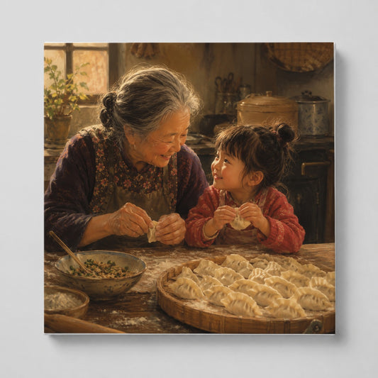Family Dumpling Making Square Canvas Wall Art, Warm Kitchen Scene