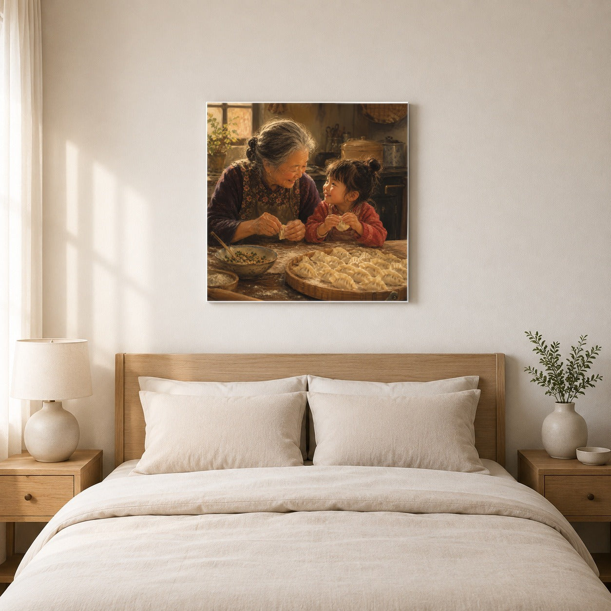 #pl[17x17 Inch|Multicolor] Family Dumpling Making Square Canvas Wall Art, Warm Kitchen Scene