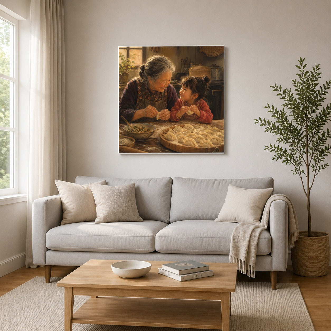 #pl[17x17 Inch|Multicolor] Family Dumpling Making Square Canvas Wall Art, Warm Kitchen Scene
