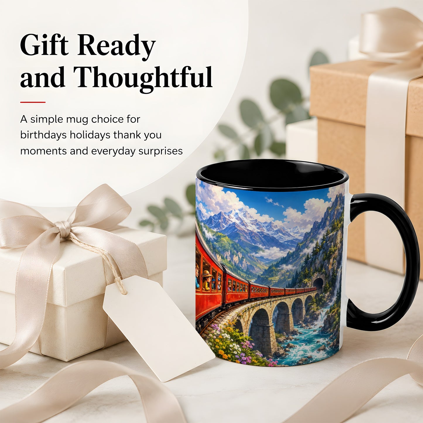 #pl[11oz|Black] Mountain Train Ceramic Mug, Red Alpine Railway Bridge Scene