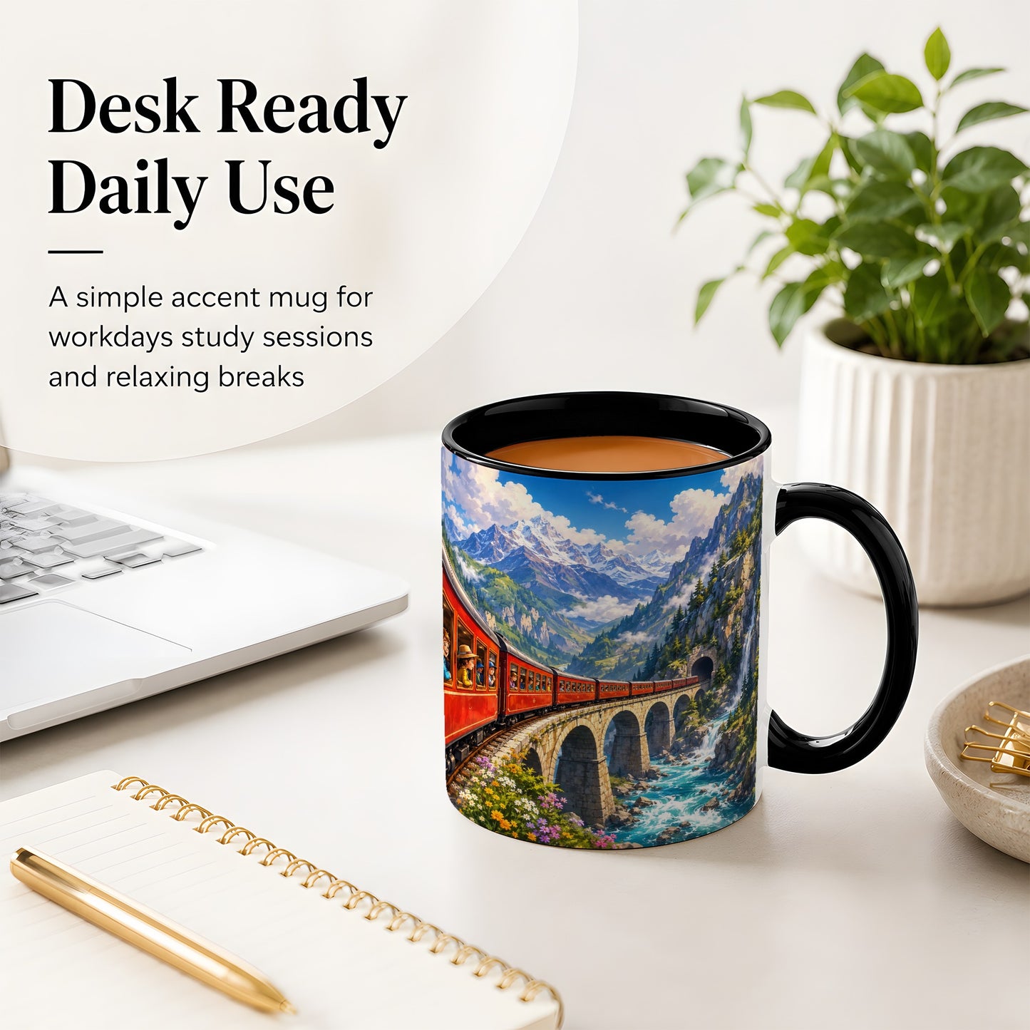 #pl[11oz|Black] Mountain Train Ceramic Mug, Red Alpine Railway Bridge Scene
