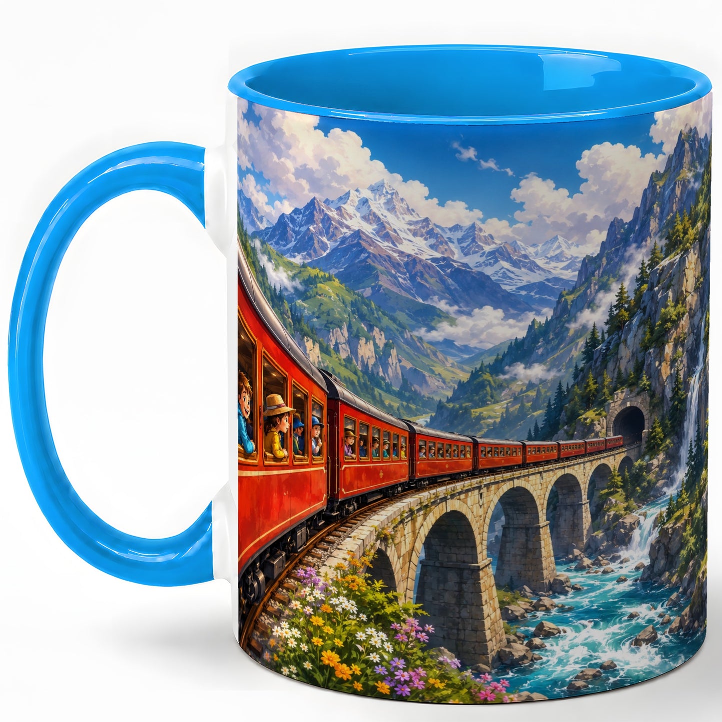 #pl[11oz|Blue] Mountain Train Ceramic Mug, Red Alpine Railway Bridge Scene