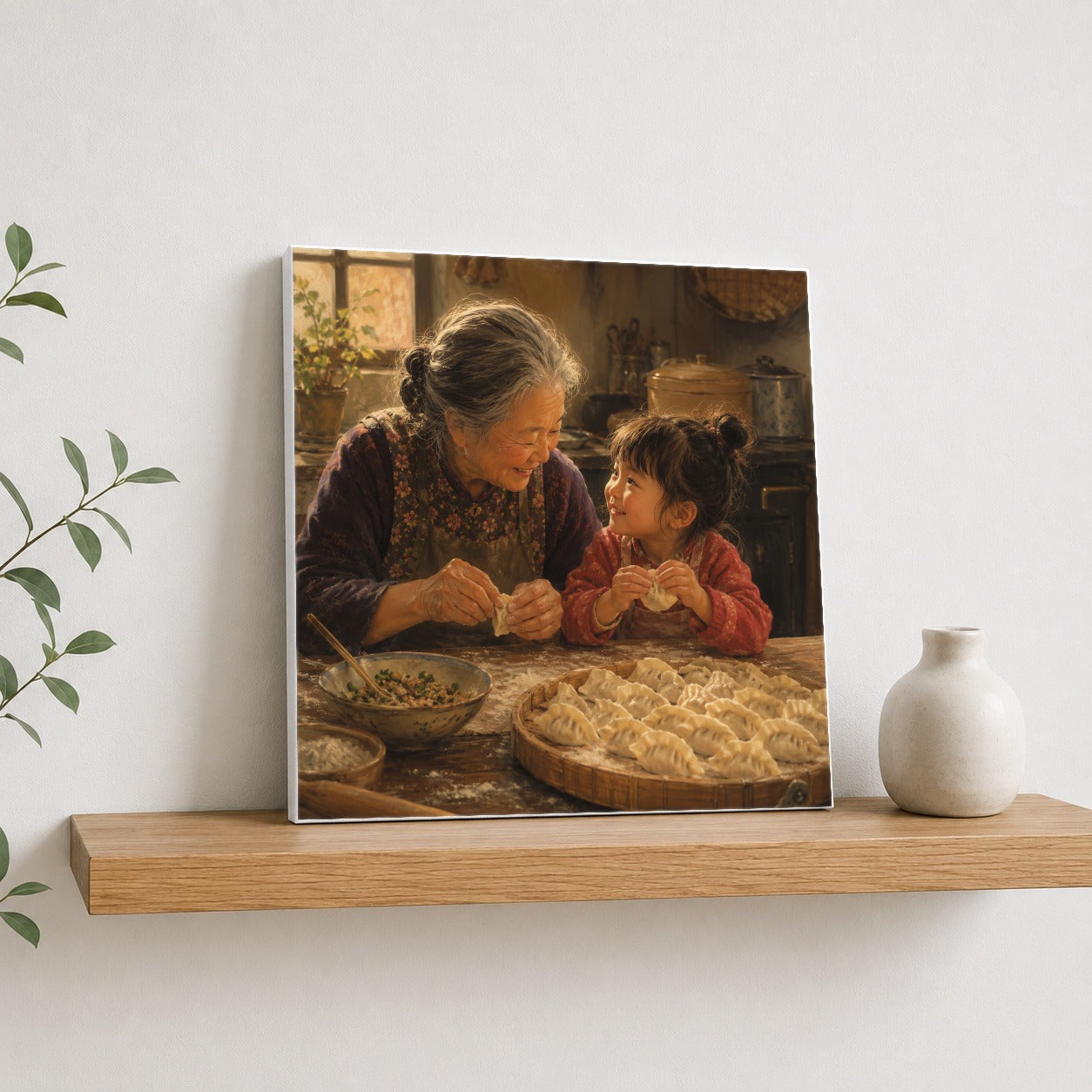 #pl[17x17 Inch|Multicolor] Family Dumpling Making Square Canvas Wall Art, Warm Kitchen Scene