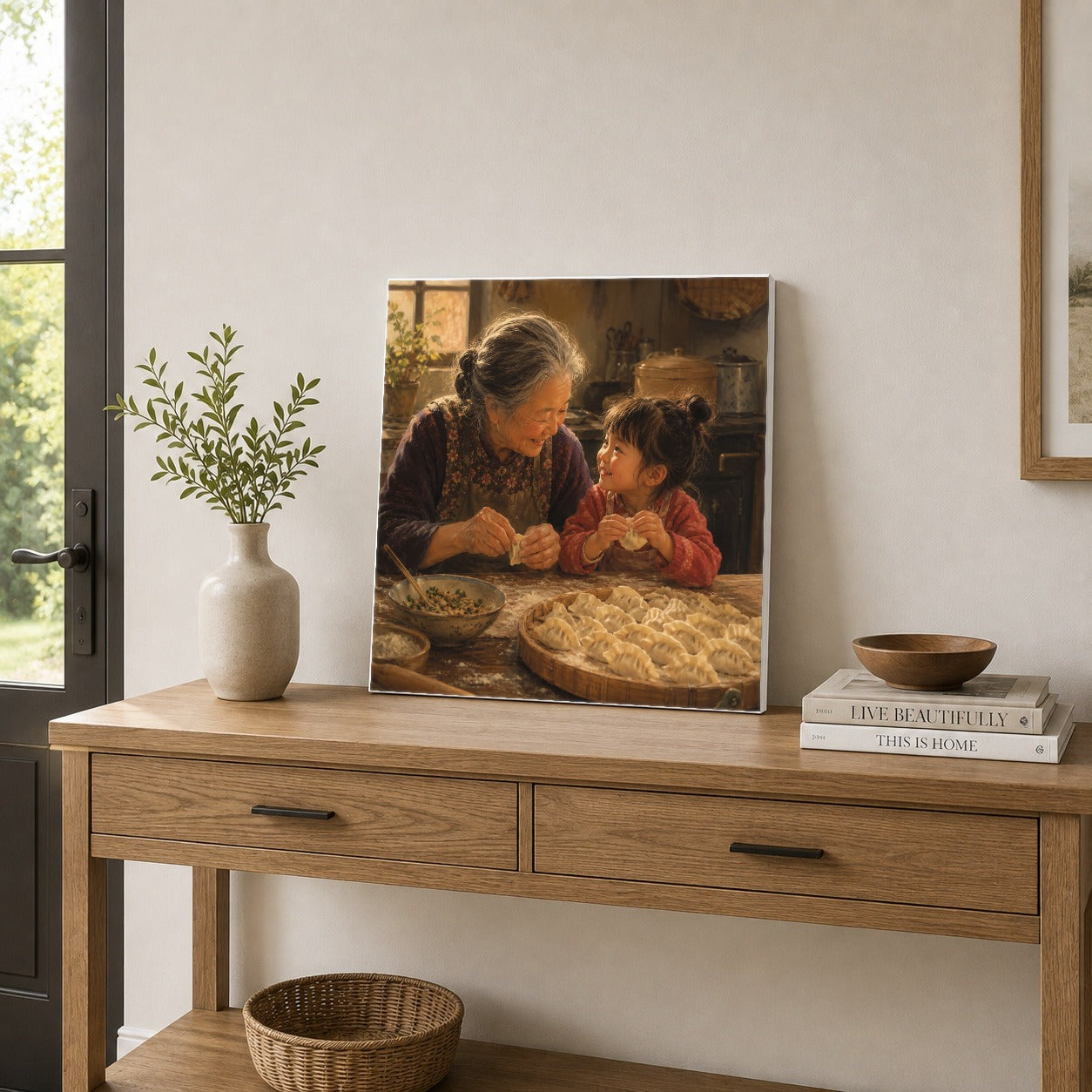 #pl[17x17 Inch|Multicolor] Family Dumpling Making Square Canvas Wall Art, Warm Kitchen Scene