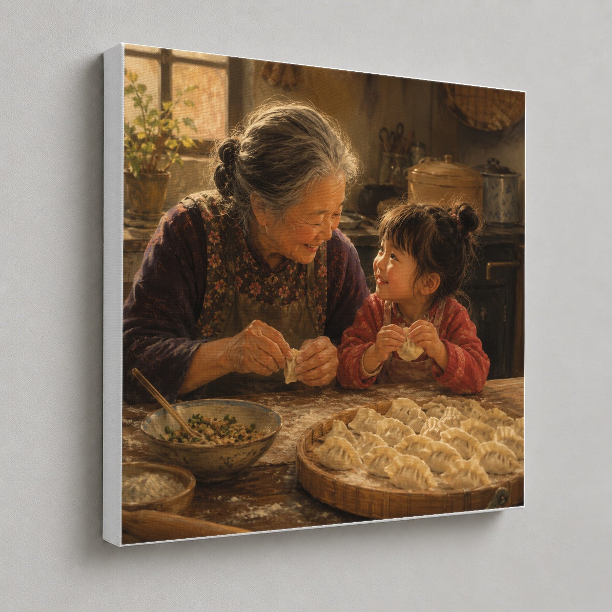 #pl[17x17 Inch|Multicolor] Family Dumpling Making Square Canvas Wall Art, Warm Kitchen Scene