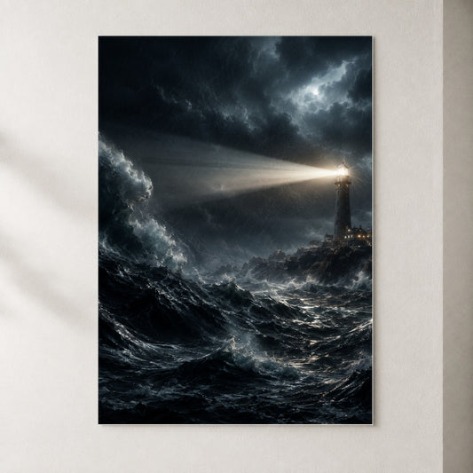 Storm Lighthouse Poster, Dramatic Ocean Wall Art Print