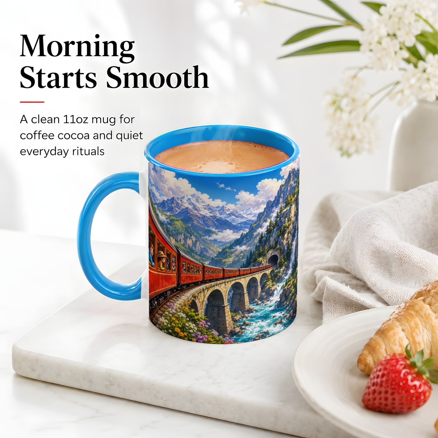 #pl[11oz|Blue] Mountain Train Ceramic Mug, Red Alpine Railway Bridge Scene