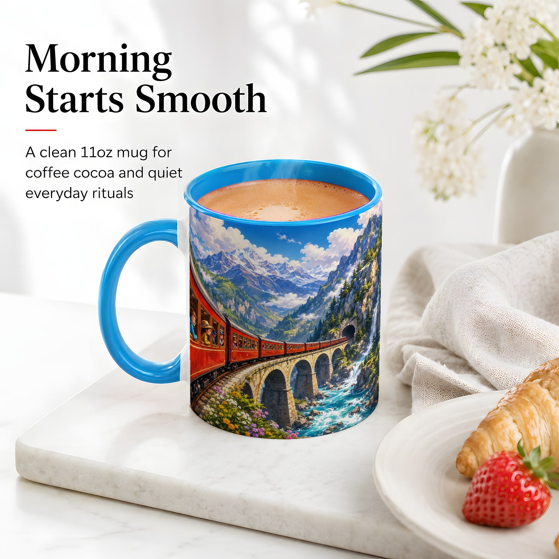 #pl[11oz|Blue] Mountain Train Ceramic Mug, Red Alpine Railway Bridge Scene