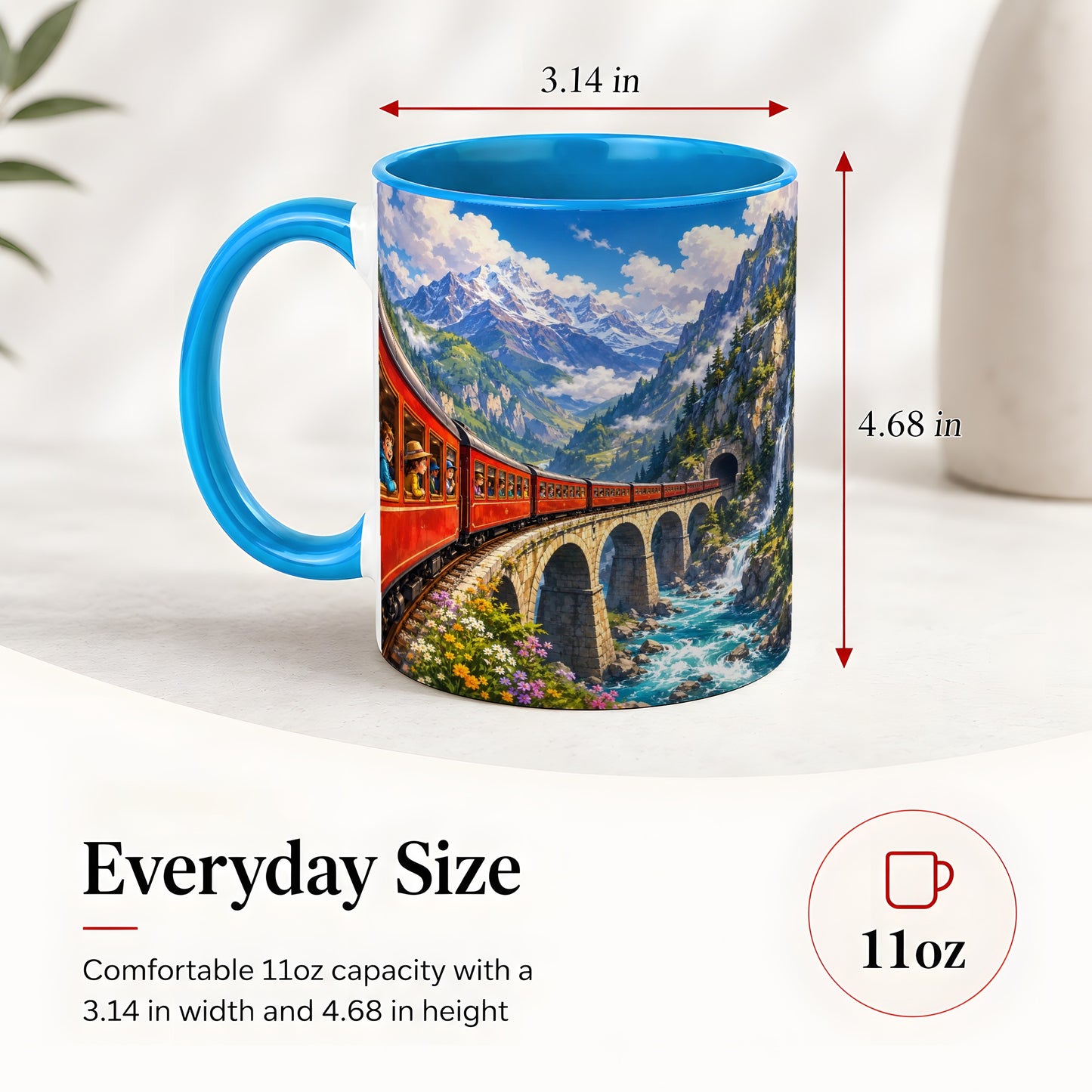 #pl[11oz|Blue] Mountain Train Ceramic Mug, Red Alpine Railway Bridge Scene
