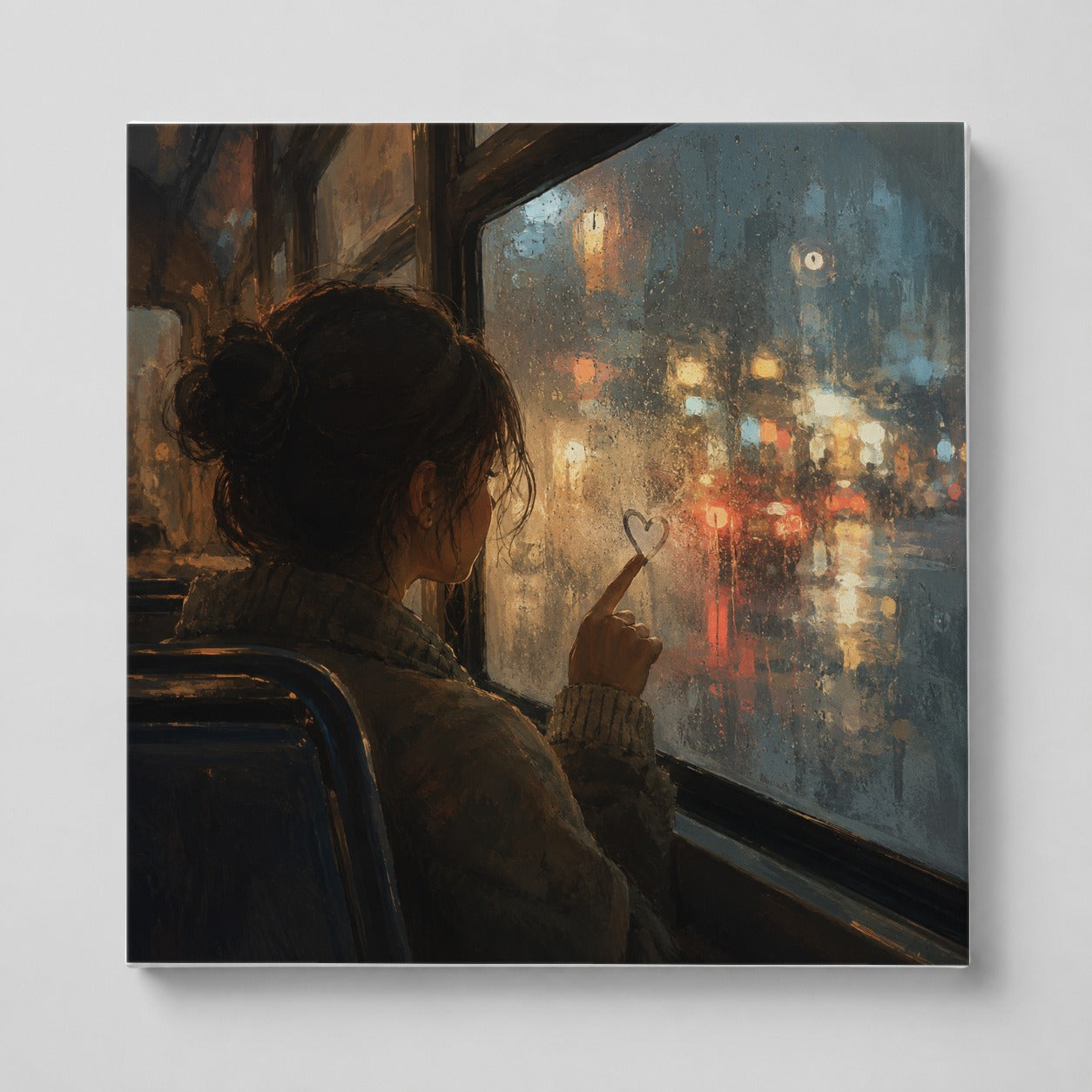 Rainy Window Heart Square Canvas Wall Art, Rainy Night City Decor