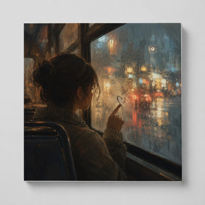 Rainy Window Heart Square Canvas Wall Art, Rainy Night City Decor