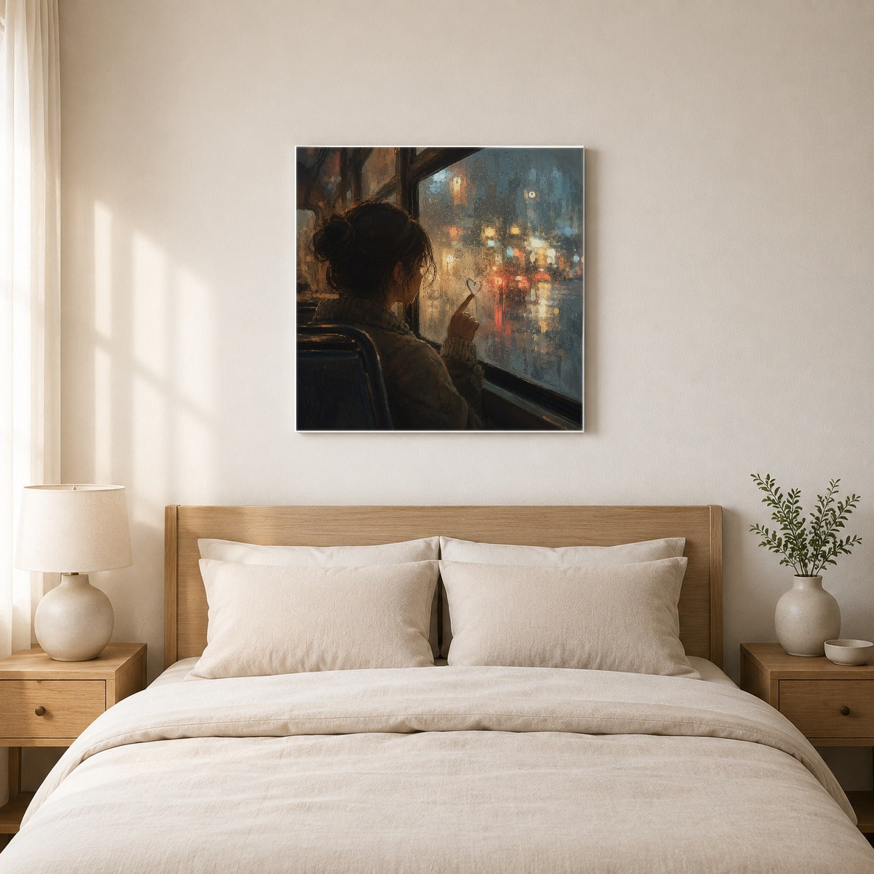 #pl[17x17 Inch|Multicolor] Rainy Window Heart Square Canvas Wall Art, Rainy Night City Decor