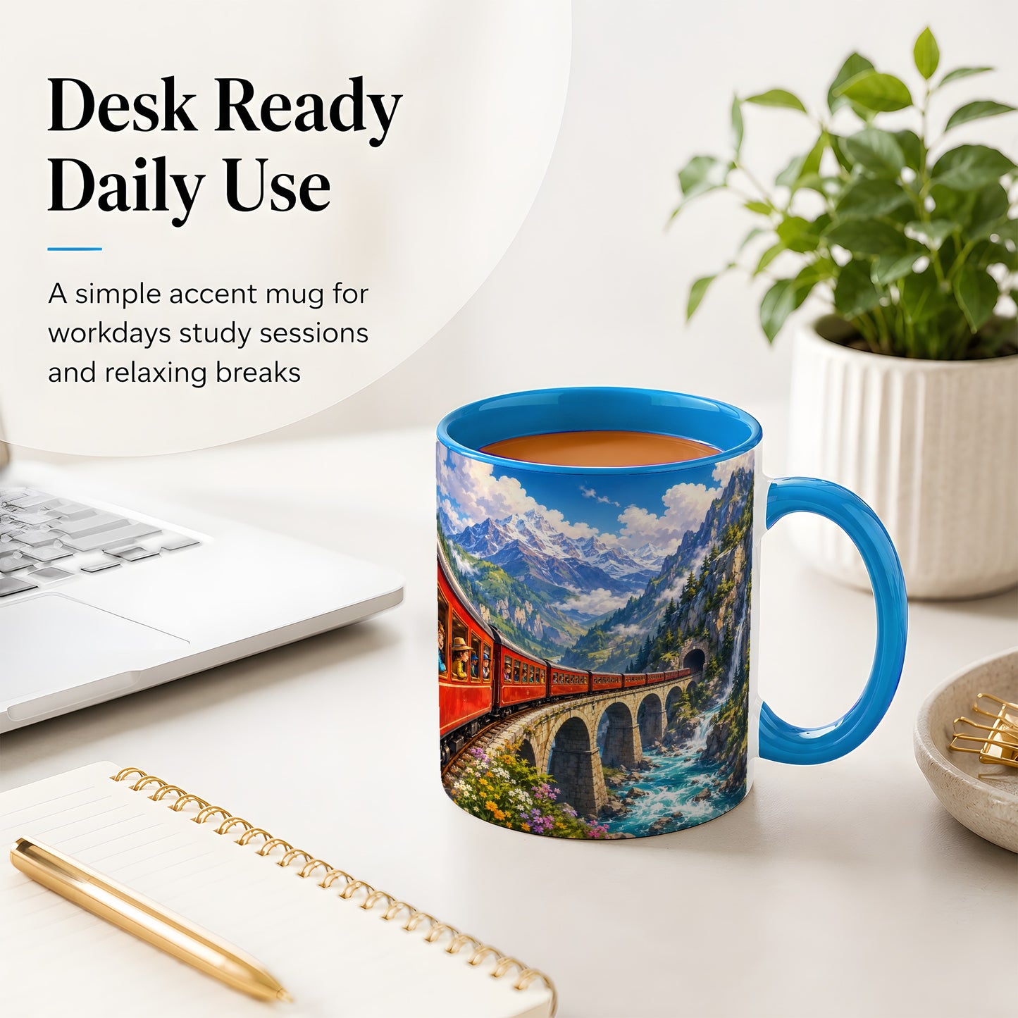 #pl[11oz|Blue] Mountain Train Ceramic Mug, Red Alpine Railway Bridge Scene