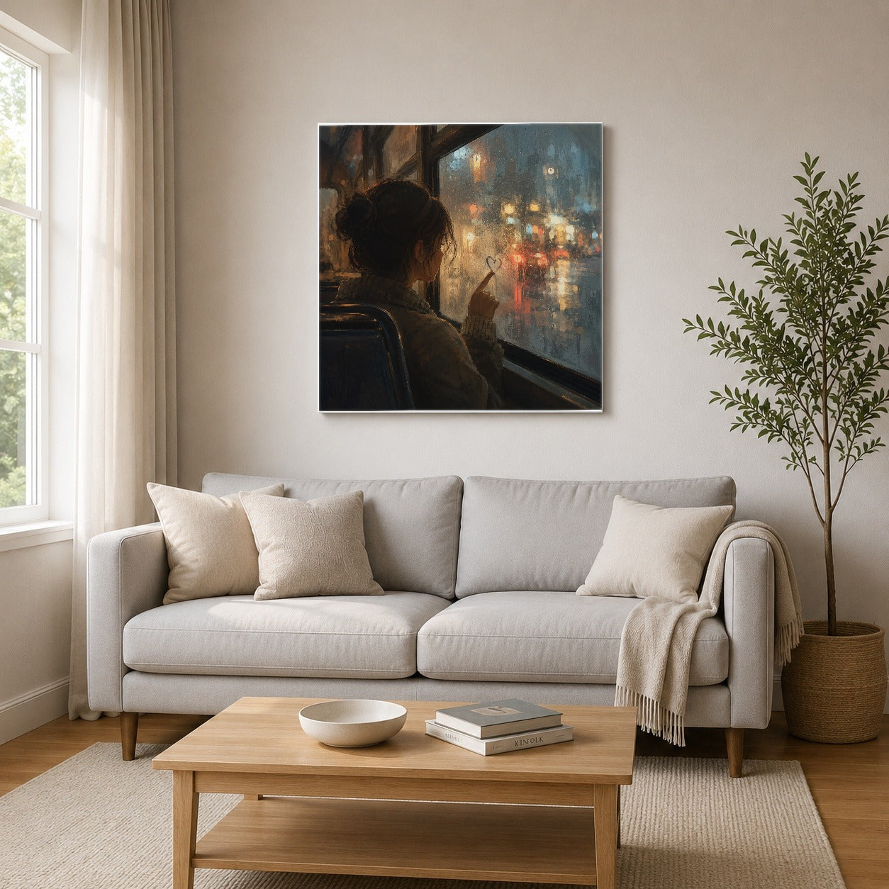 #pl[17x17 Inch|Multicolor] Rainy Window Heart Square Canvas Wall Art, Rainy Night City Decor