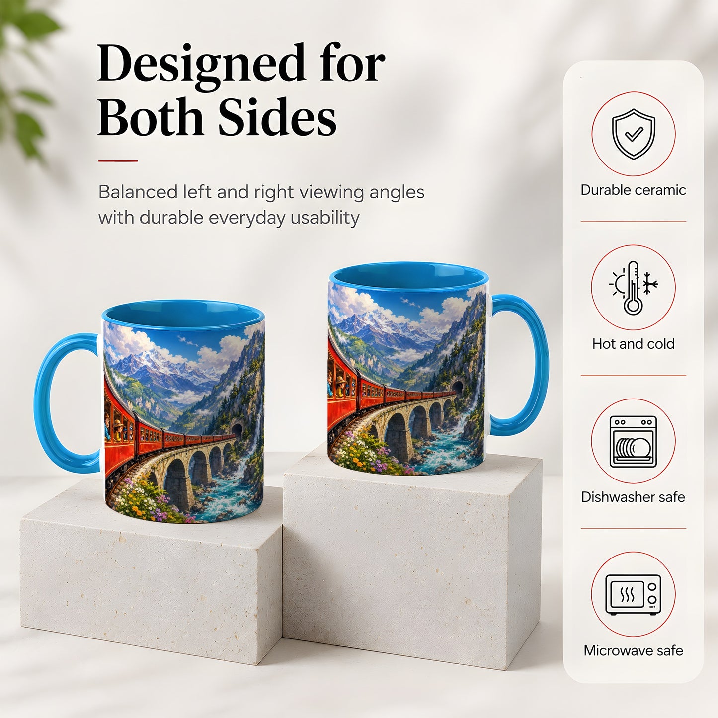 #pl[11oz|Blue] Mountain Train Ceramic Mug, Red Alpine Railway Bridge Scene