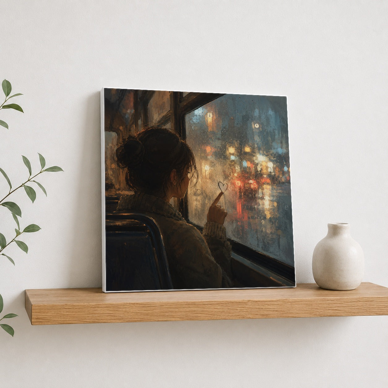 #pl[17x17 Inch|Multicolor] Rainy Window Heart Square Canvas Wall Art, Rainy Night City Decor