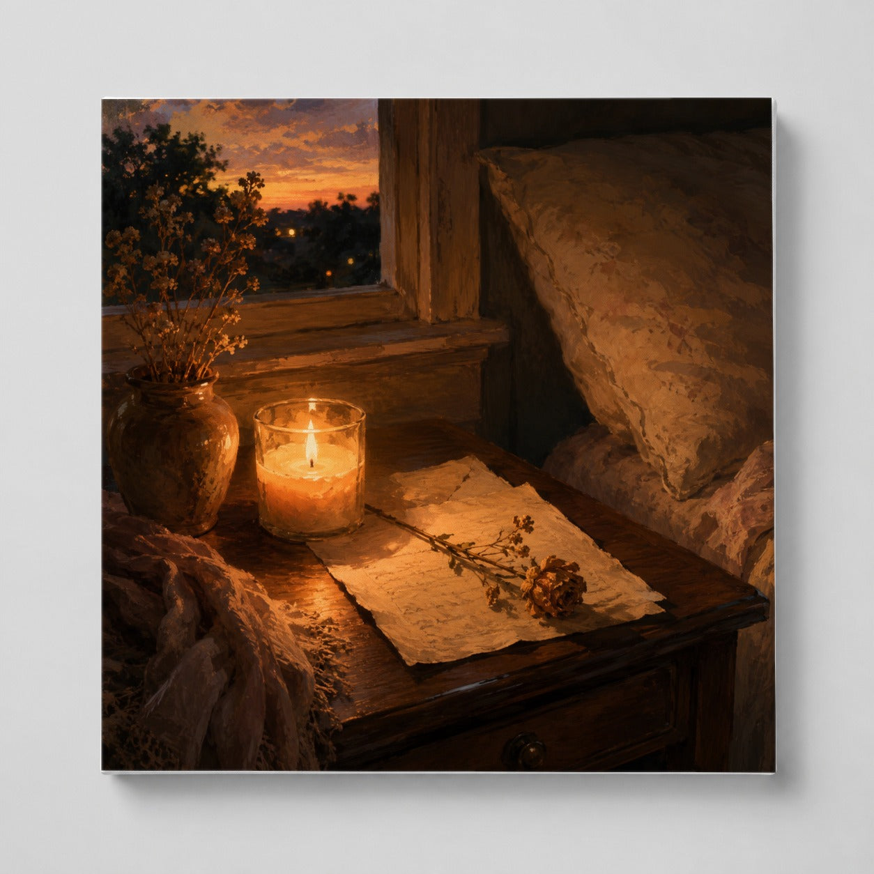 Candlelit Letter Rose Square Canvas Wall Art, Cozy Sunset Bedroom Decor