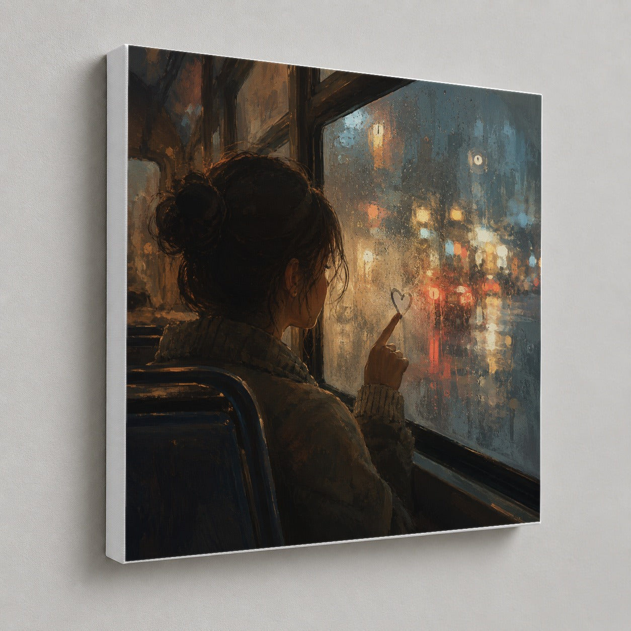 #pl[17x17 Inch|Multicolor] Rainy Window Heart Square Canvas Wall Art, Rainy Night City Decor