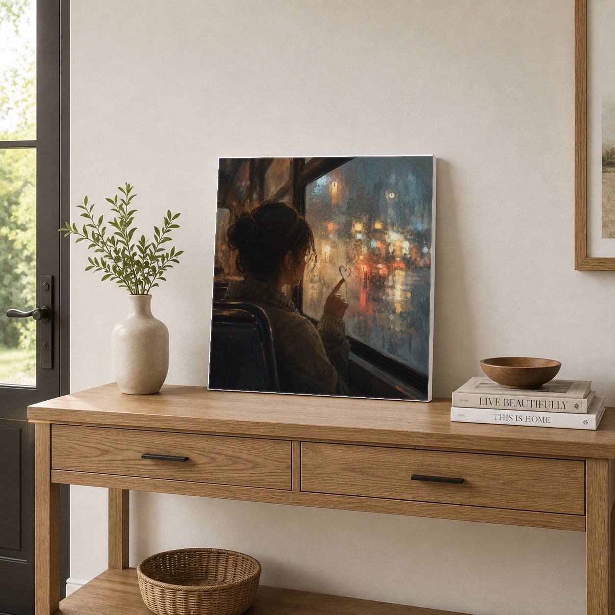 #pl[17x17 Inch|Multicolor] Rainy Window Heart Square Canvas Wall Art, Rainy Night City Decor